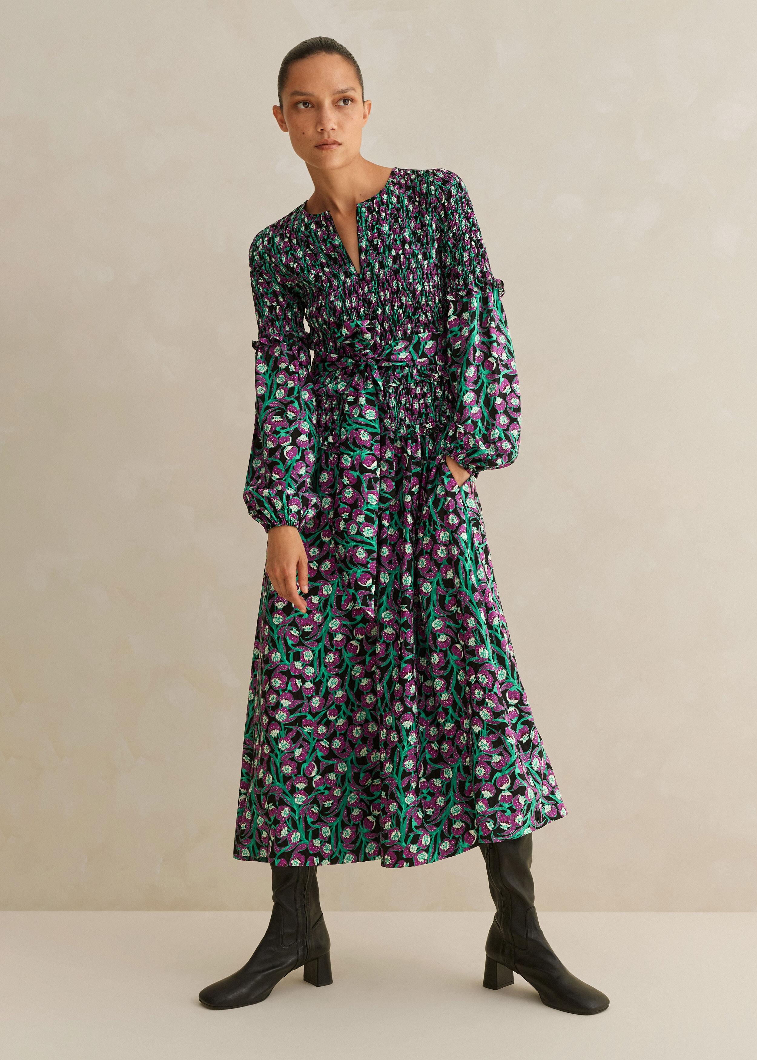 ME+EM Trailing Flower Print Shirred Midi Dress + Belt | Lyst UK