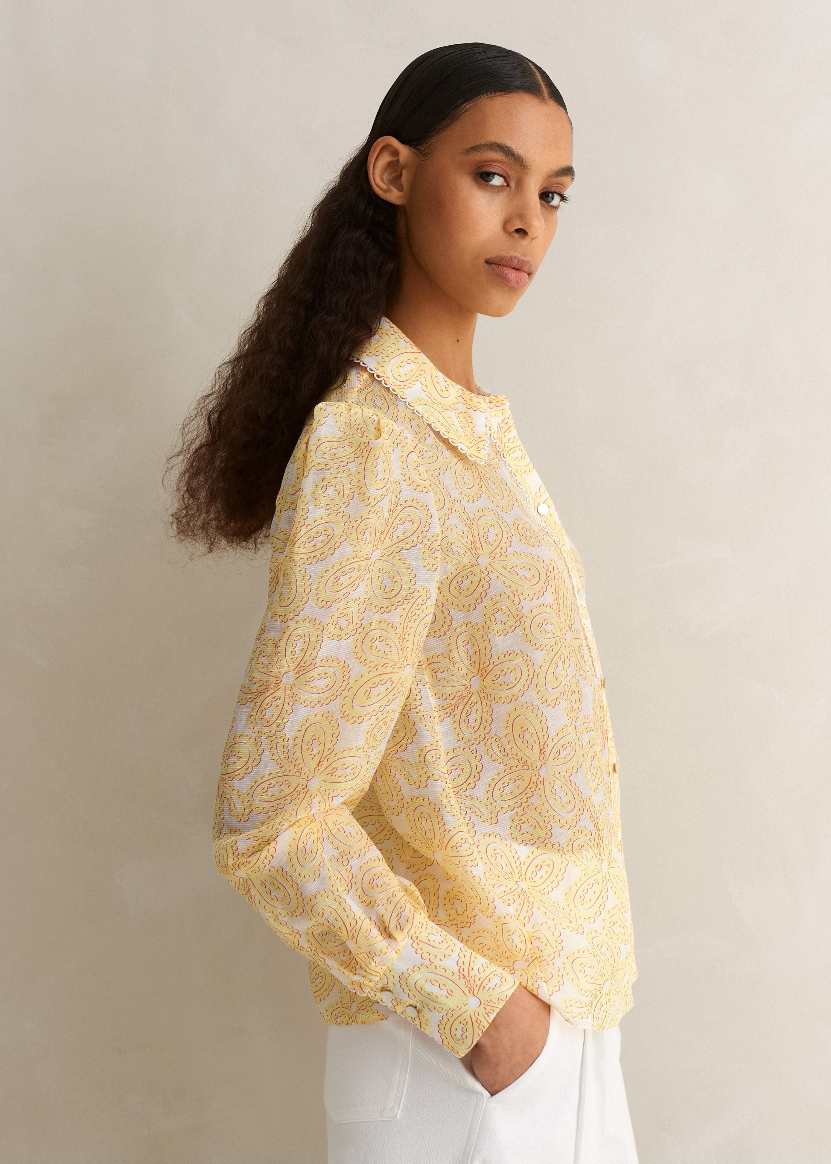 ME+EM Silk-linen Lace Print Balloon Sleeve Blouse in Natural