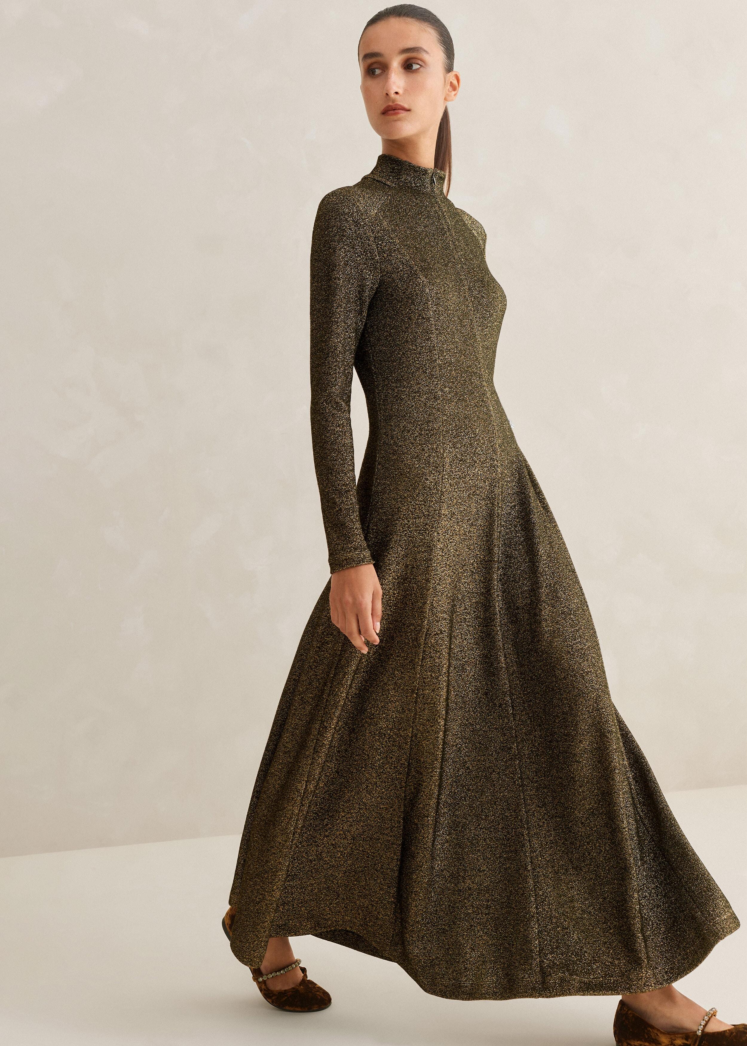knee length dresses for ladies Gold Shiney Metallic Maxi Dress Large main image 1