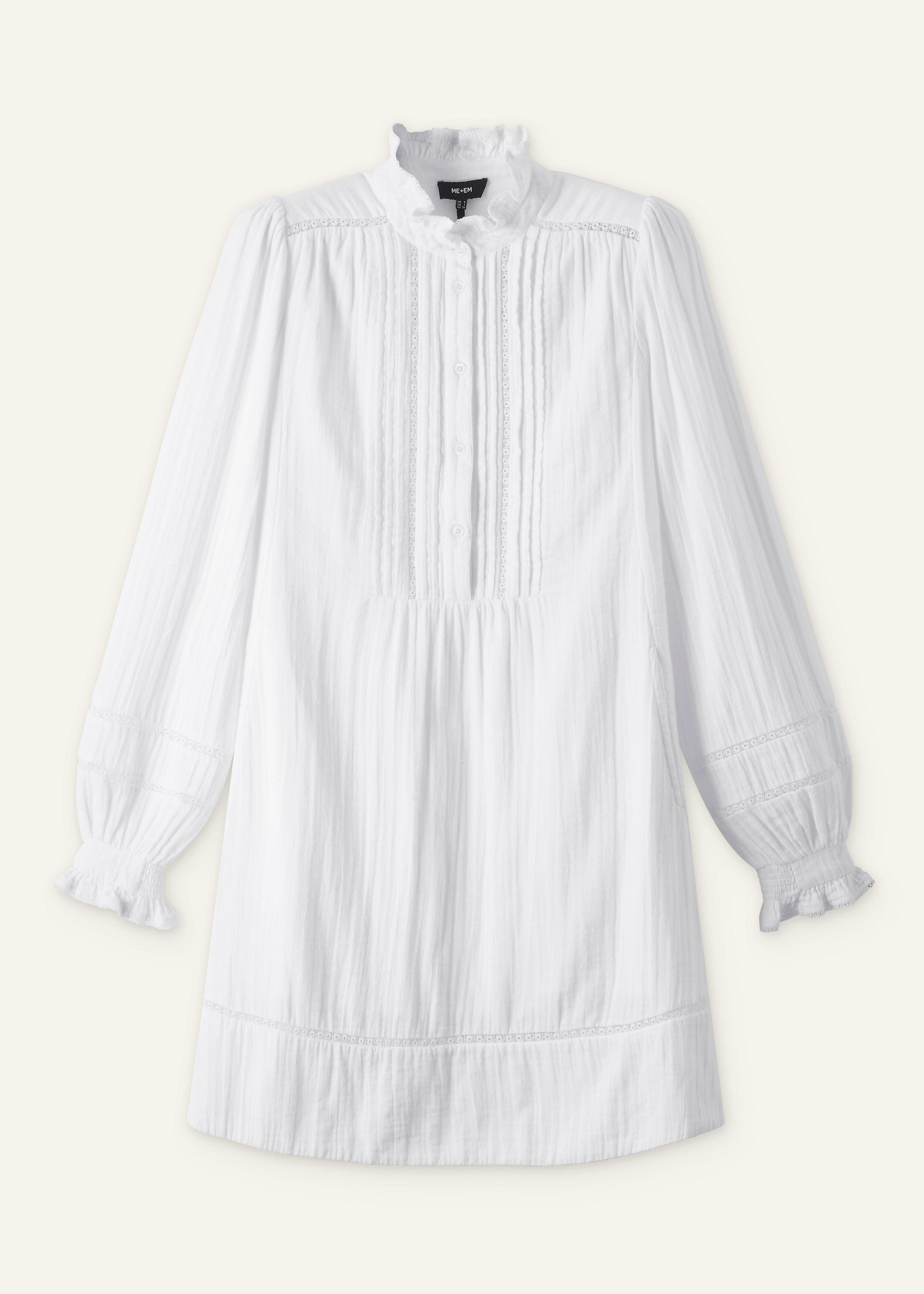 cheesecloth pleat detail swing dress ME+EM Cheesecloth Trim Detail Short Swing Dress in White