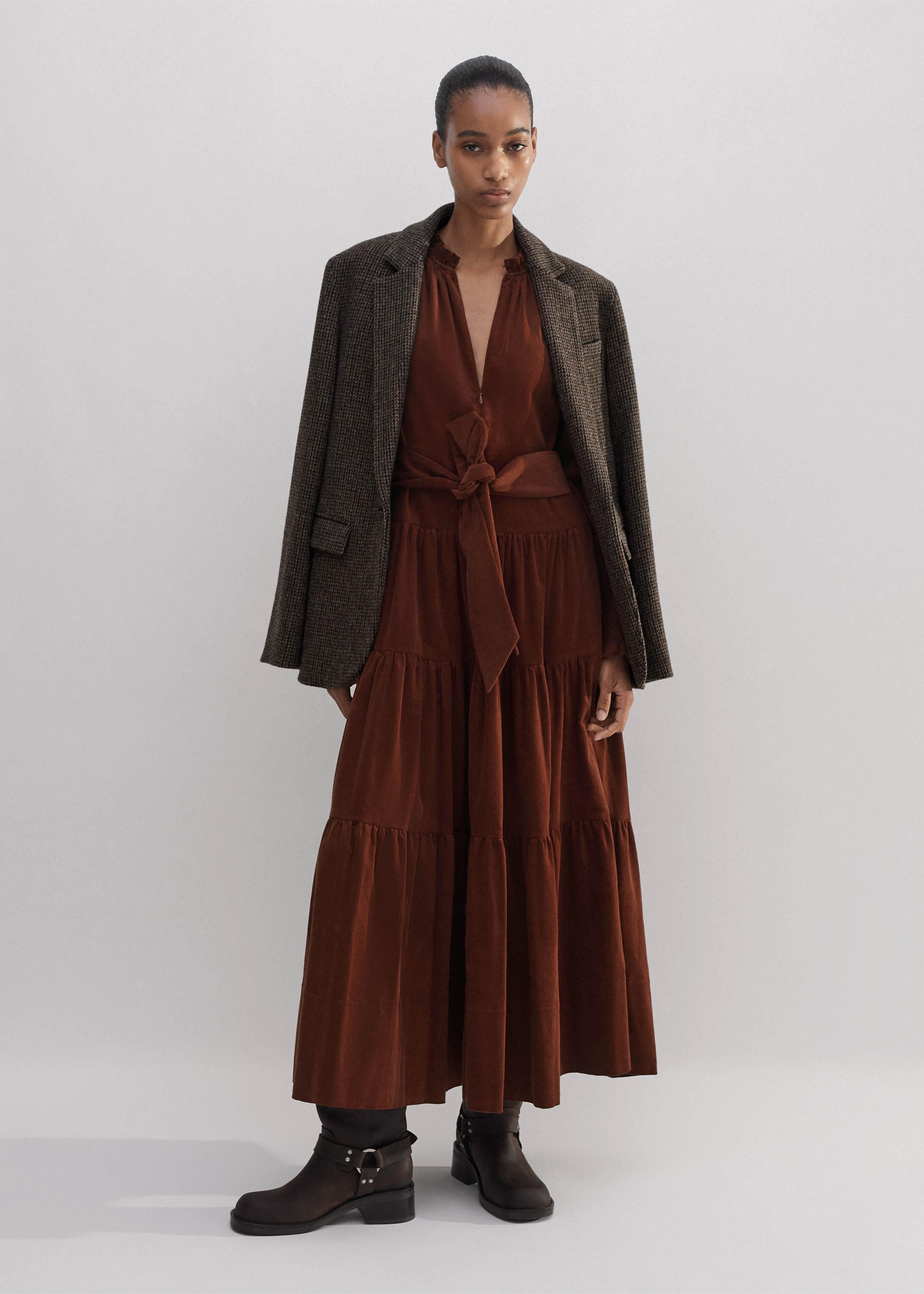 black maxi dress with brown belt Black Velvet Chain Belt Maxi Dress – self-portrait-US