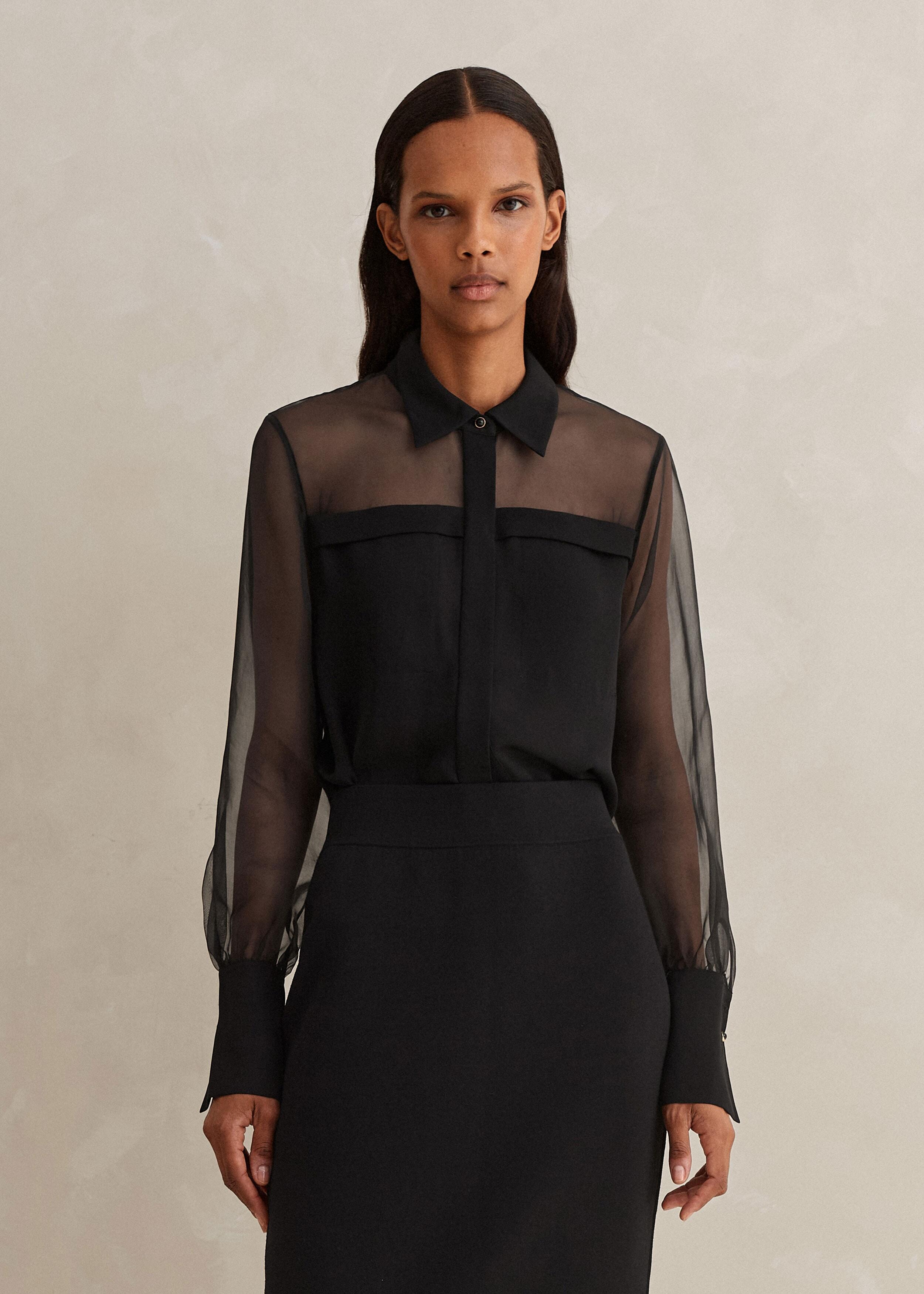 ME+EM Silk Organza Sheer Sleeve Shirt in Black | Lyst UK