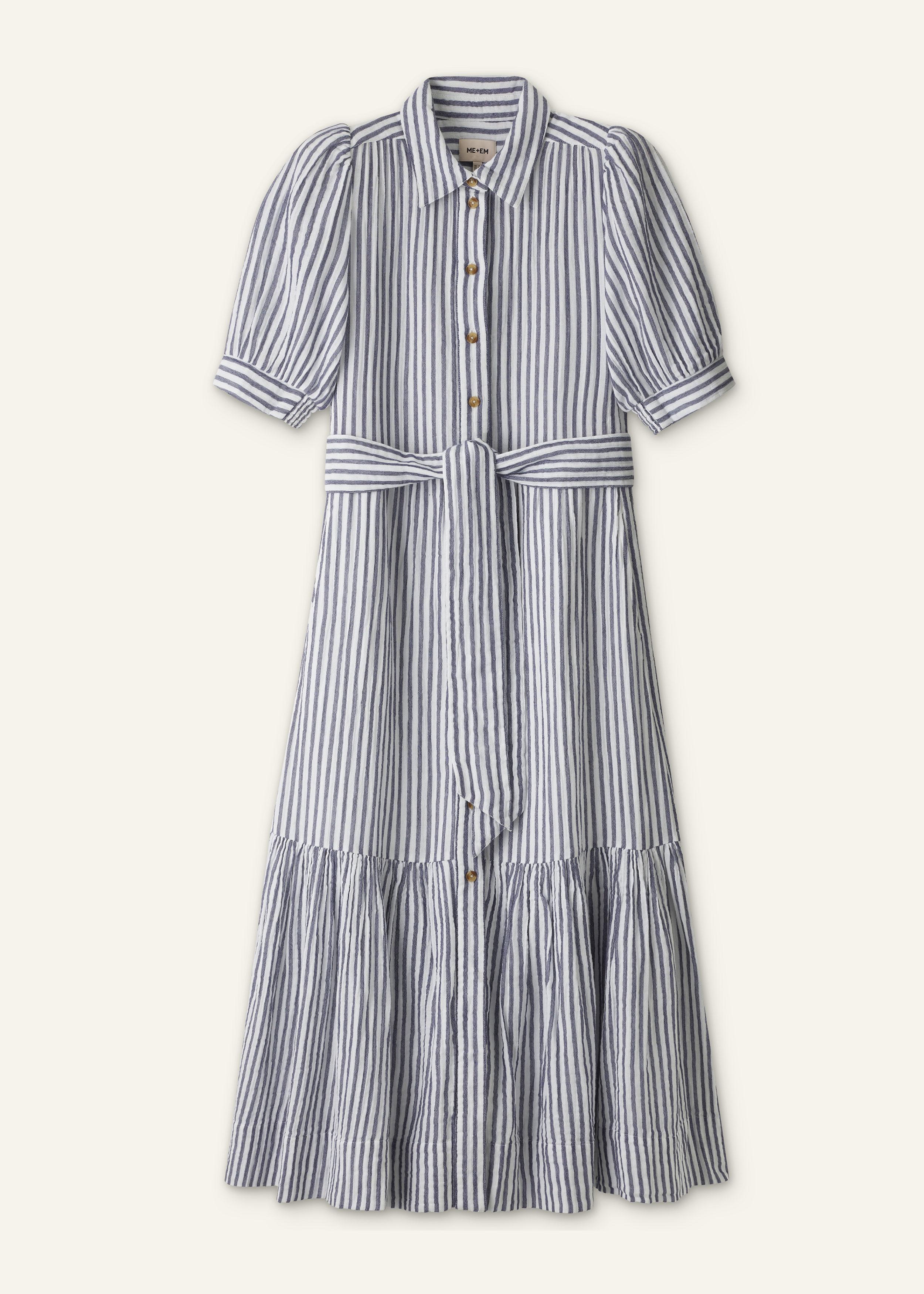 me and em beach midi shirt dress ME+EM Cheesecloth Stripe + Belt in Purple sheer cotton voile