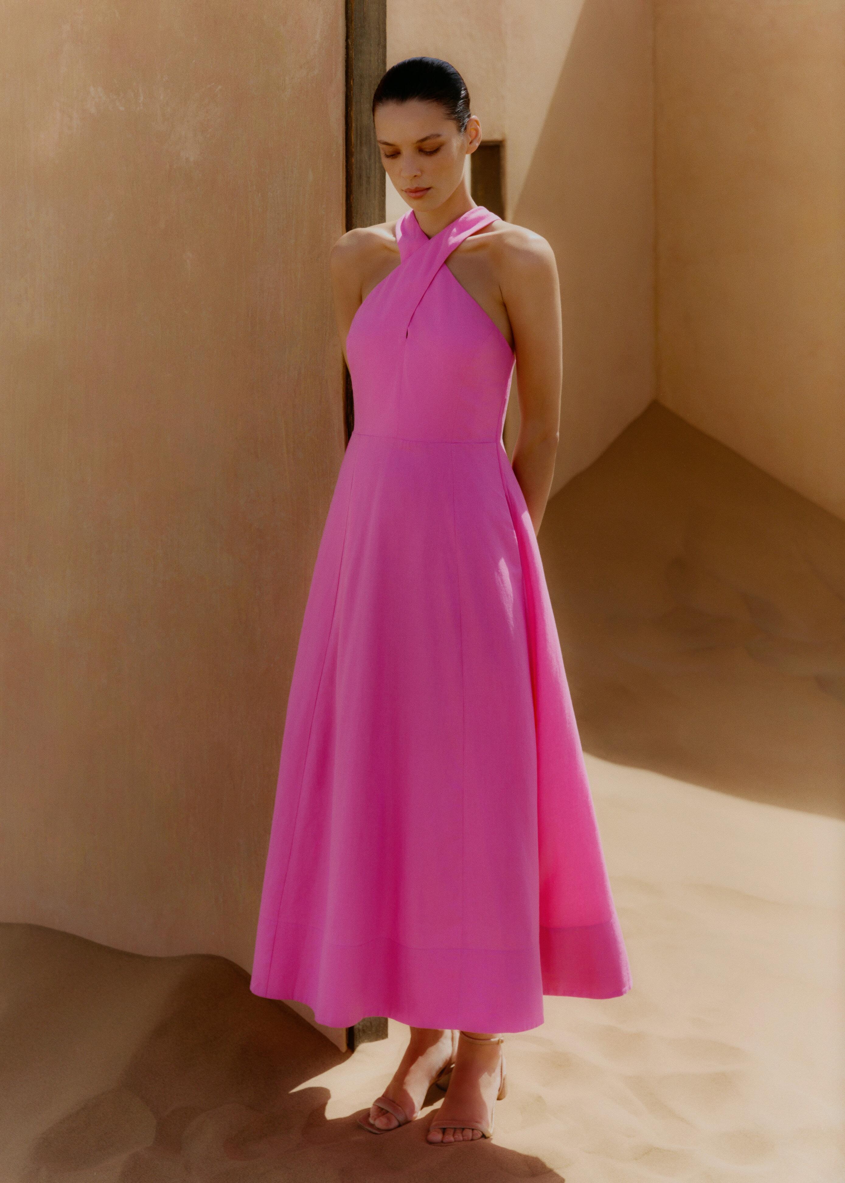 chinese dress ladies Arabella Linen Blend Dress-Pink, Rich Emerald Stripe main image 0