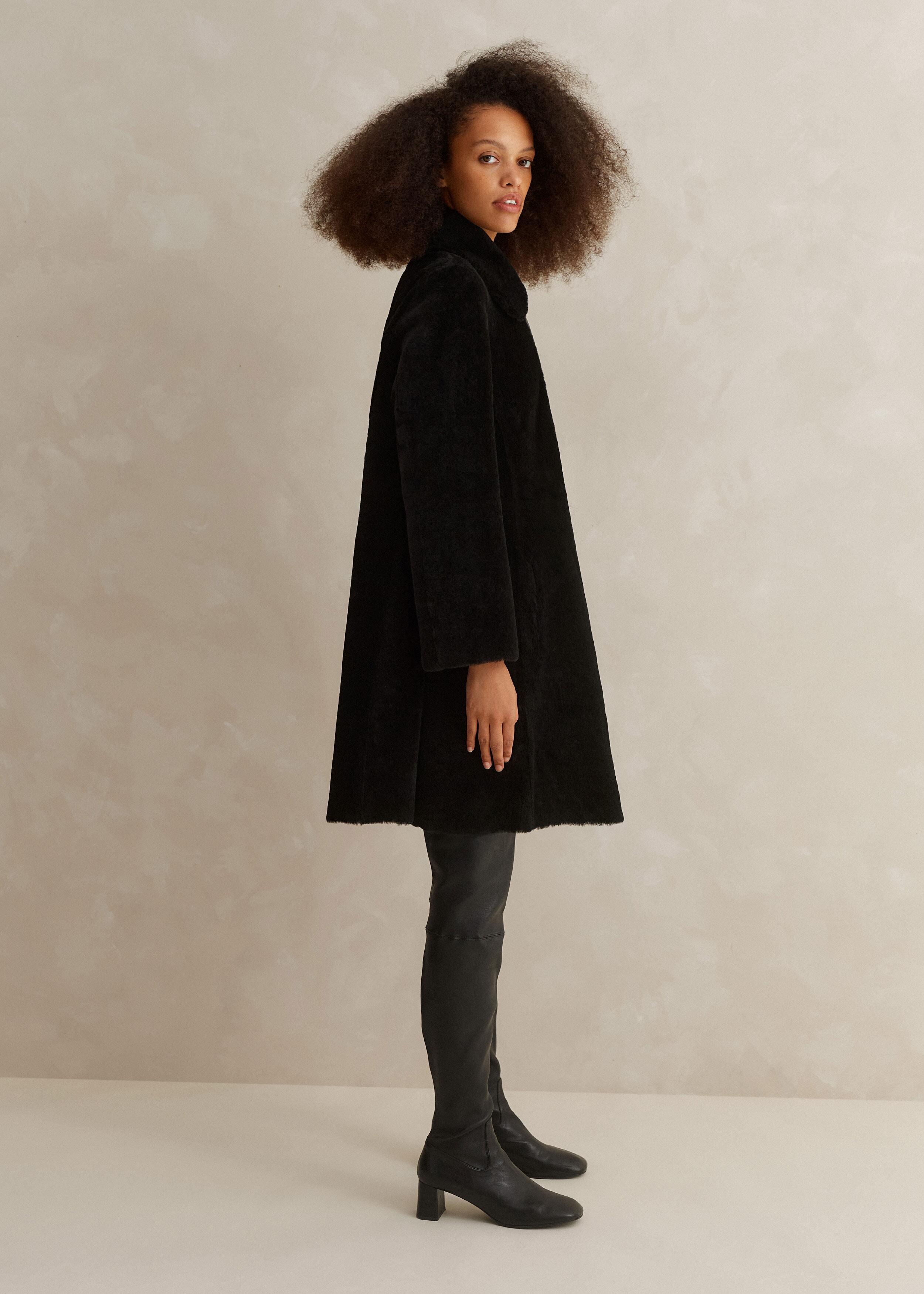 ME+EM Luxe Shearling Leather Mix Swing Coat in Black