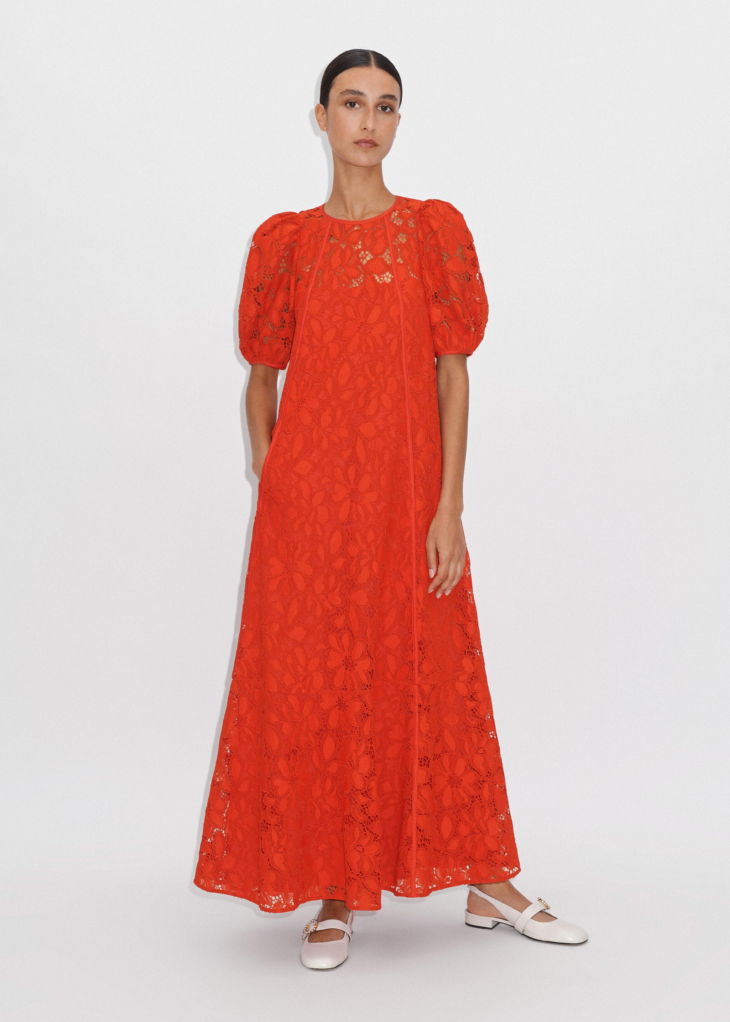 me and em orange lace dress ME+EM Statement Guipure Lace Maxi Dress in Red