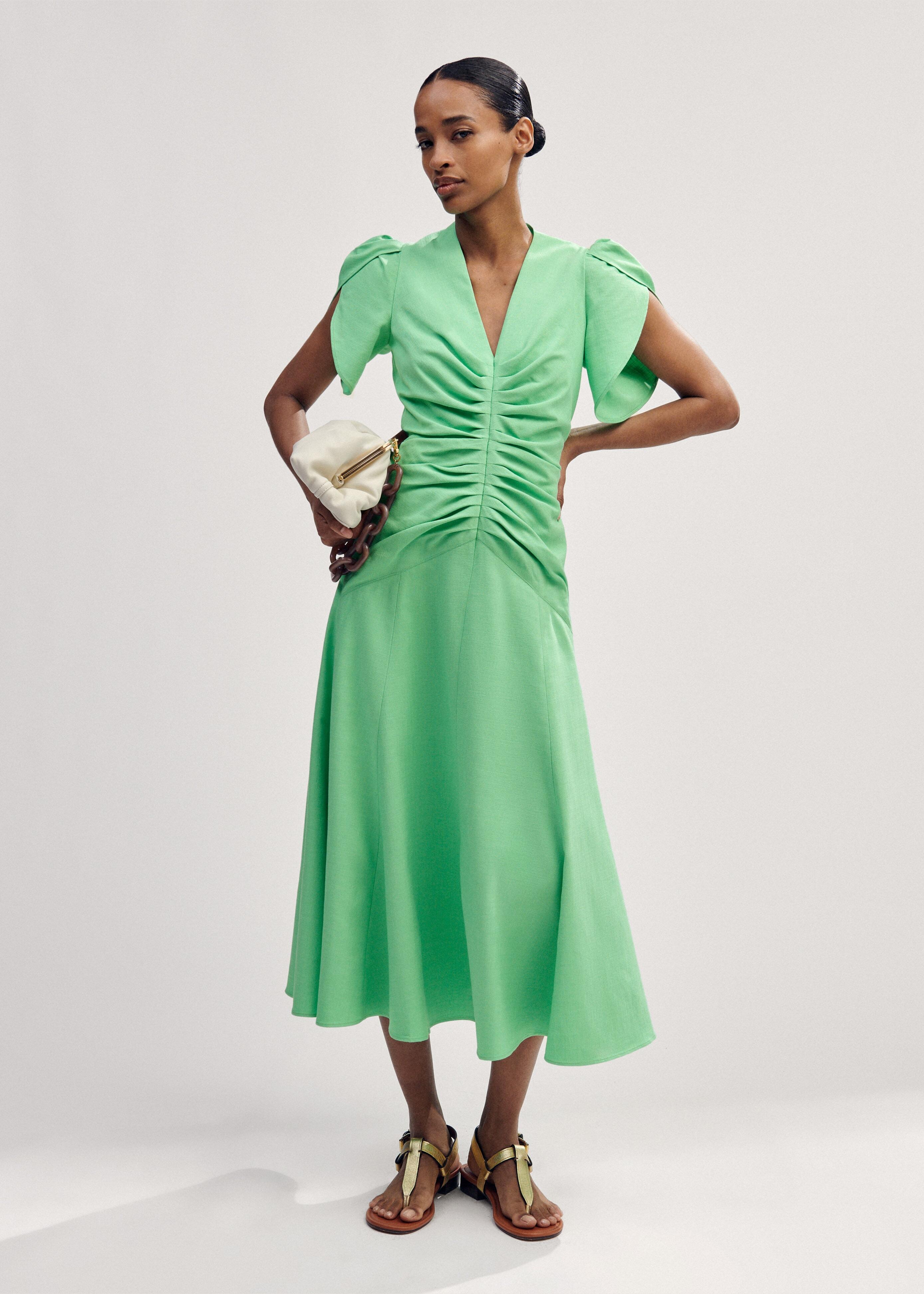 textured pleat front midi dress ME+EM Textured Pleat Front Midi Dress in Green