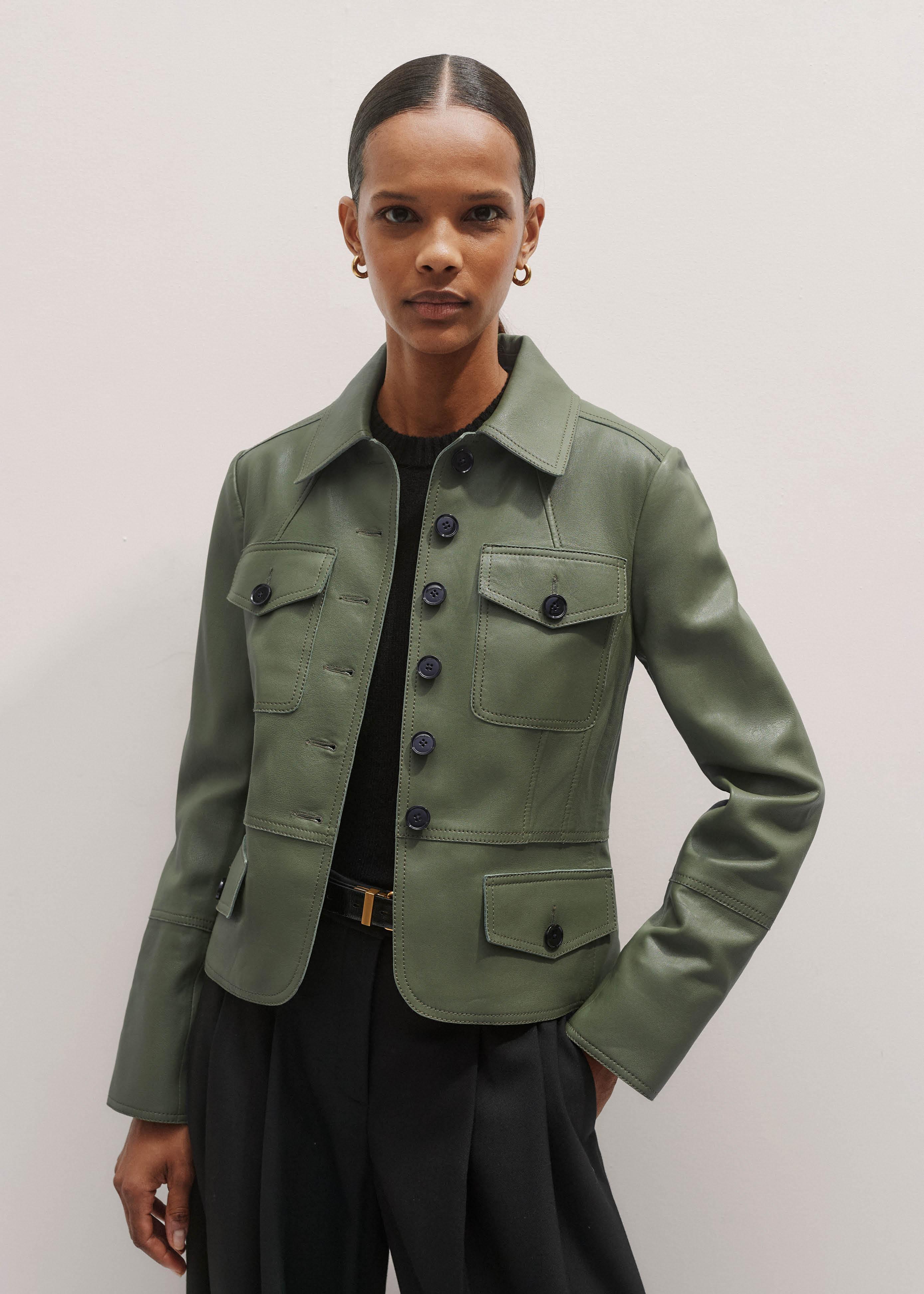 ME+EM Washed Leather Fitted Utility Jacket in Green | Lyst