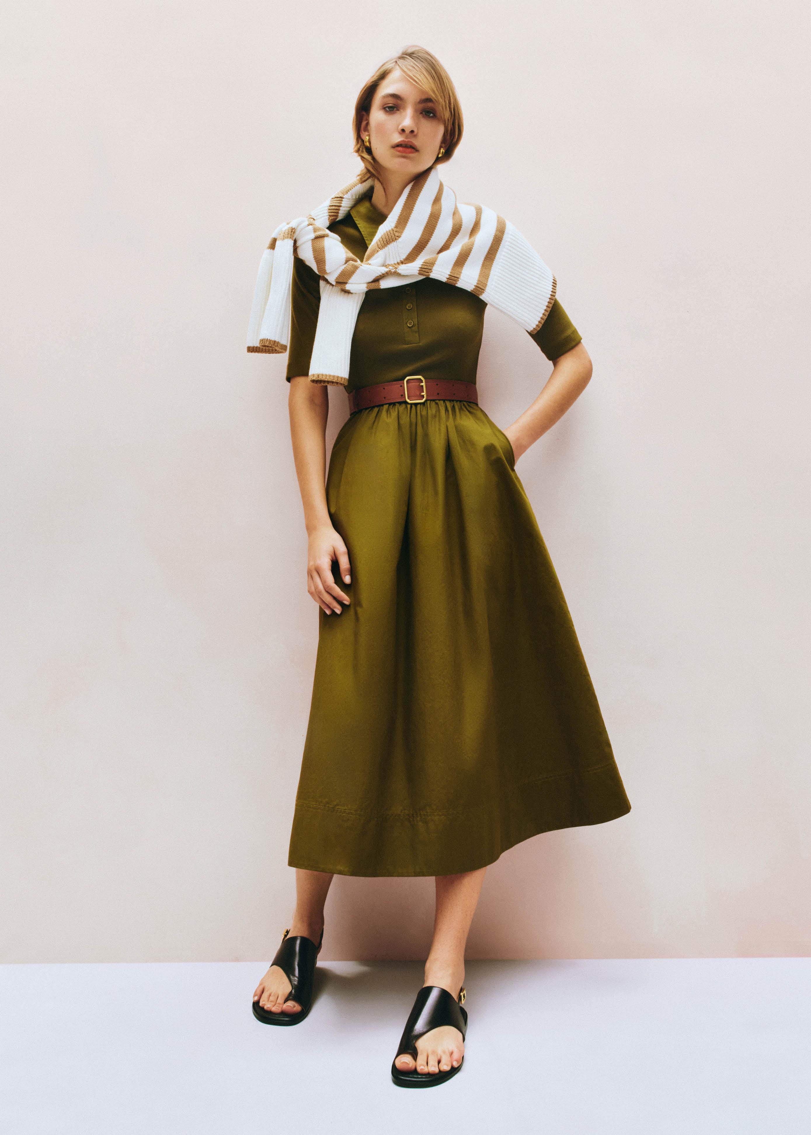 mixed media shirt collar maxi dress ME+EM Mixed Media Shirt Collar Maxi Dress in Green