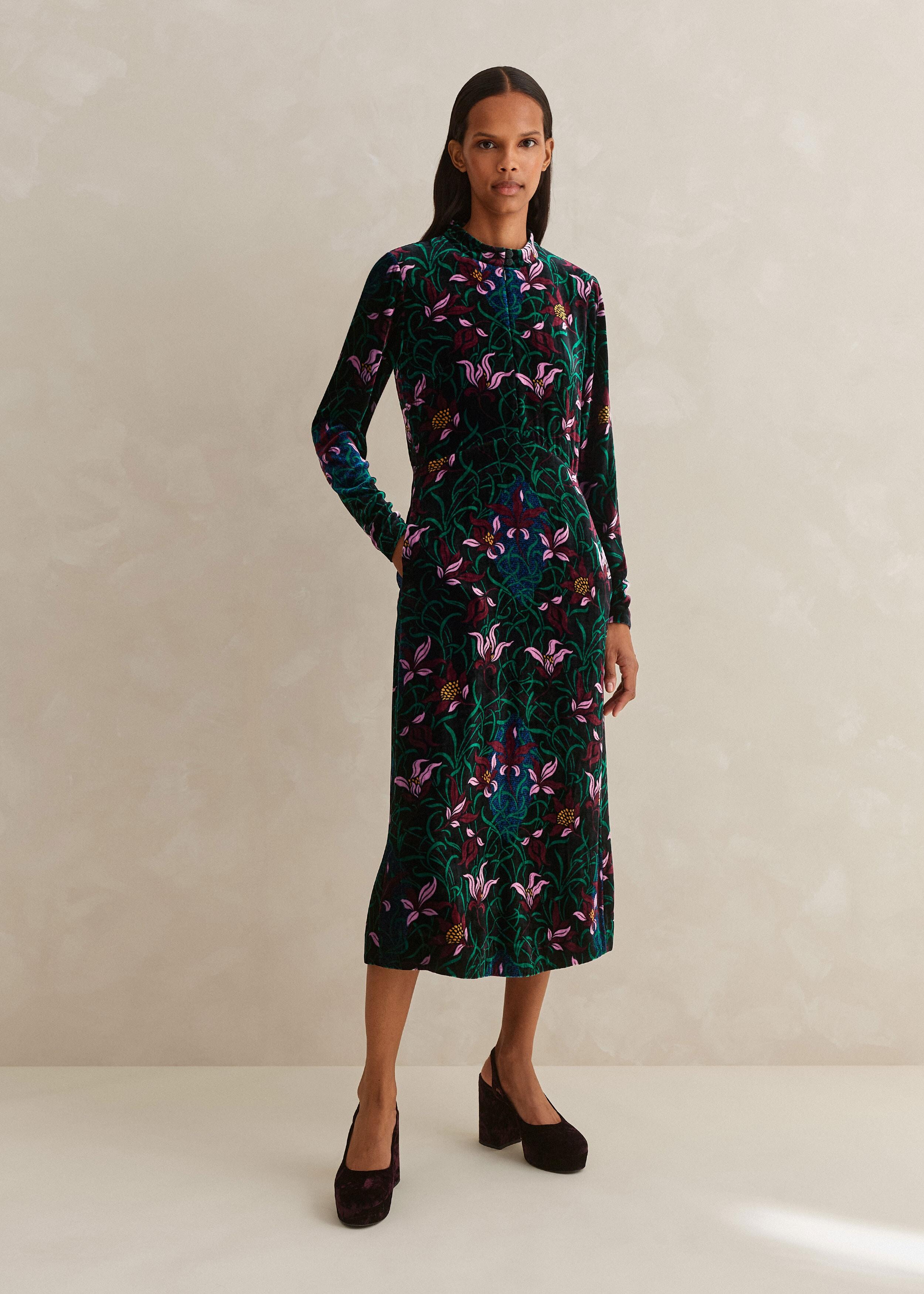 Silk-blend Velvet Graphic Tulip Print Midi Dress