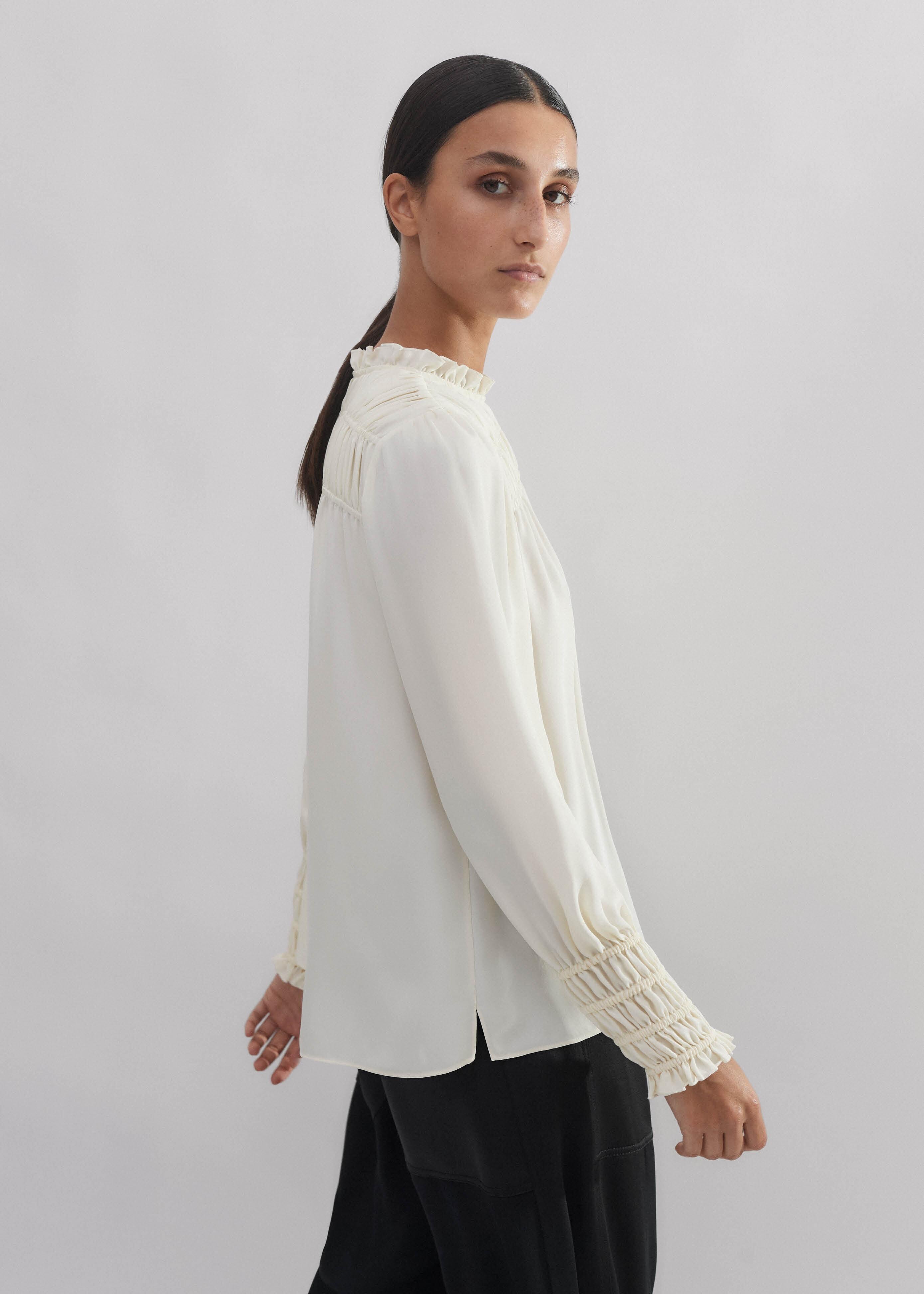 Silk High Collar Tops Off-White Mandarin Collar Pure Silk Blouse Tilfi