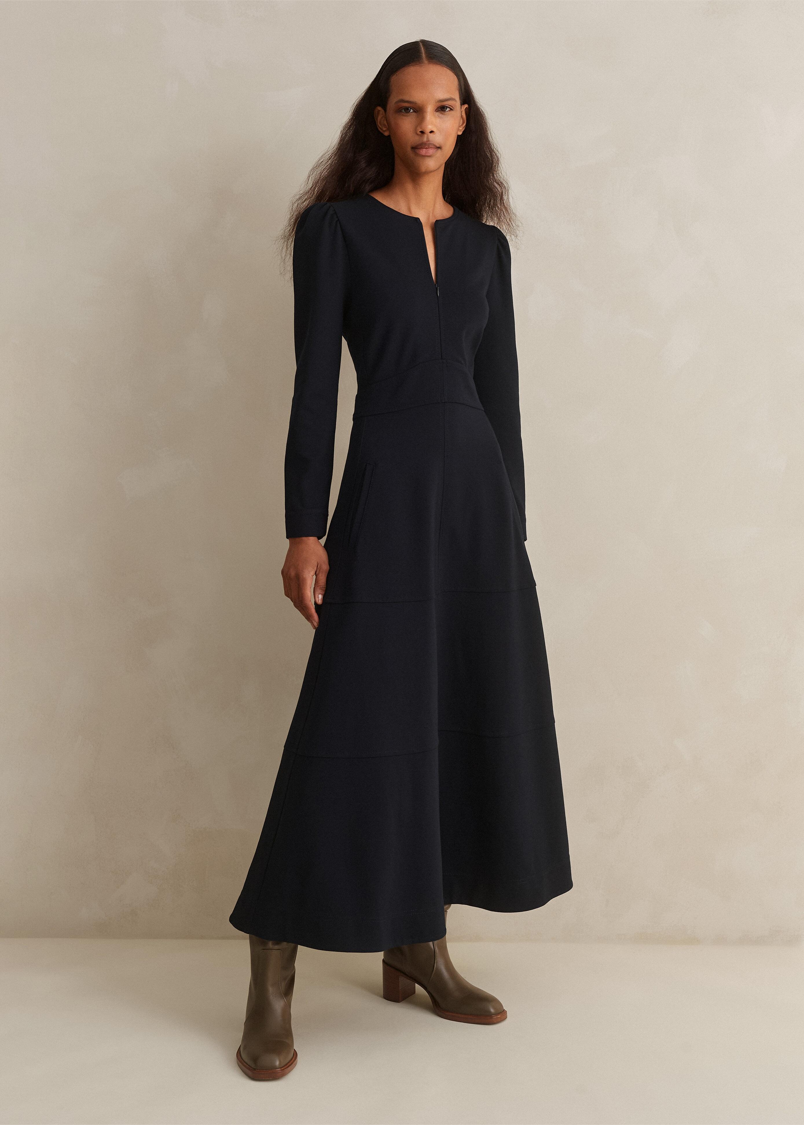 Long sleeve fit sales and flare maxi dress