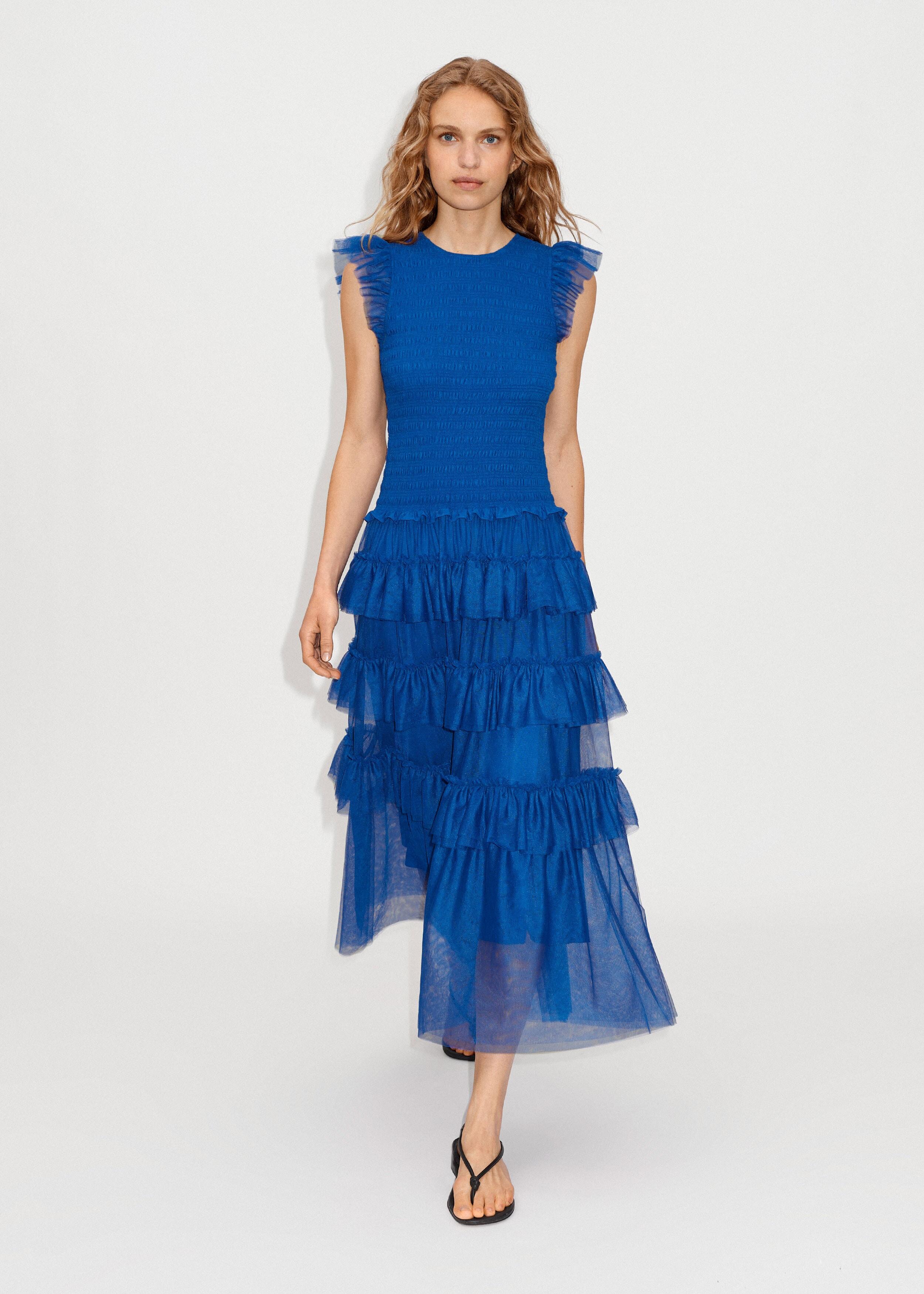 ME+EM Ethereal Tulle Shirred Maxi Dress + Belt in Blue | Lyst