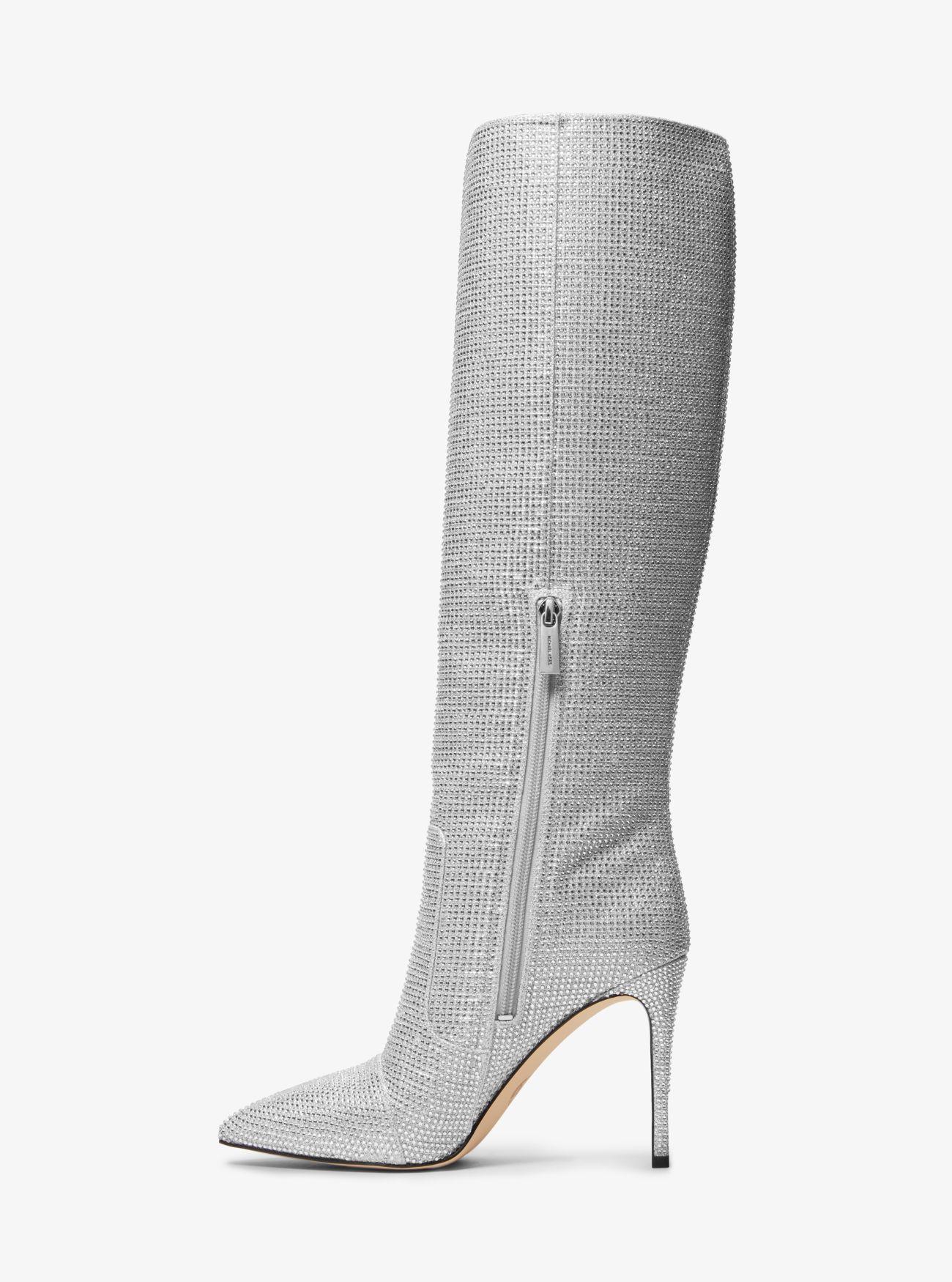 Michael Kors Rue Embellished Glitter Chain mesh Knee Boot in White