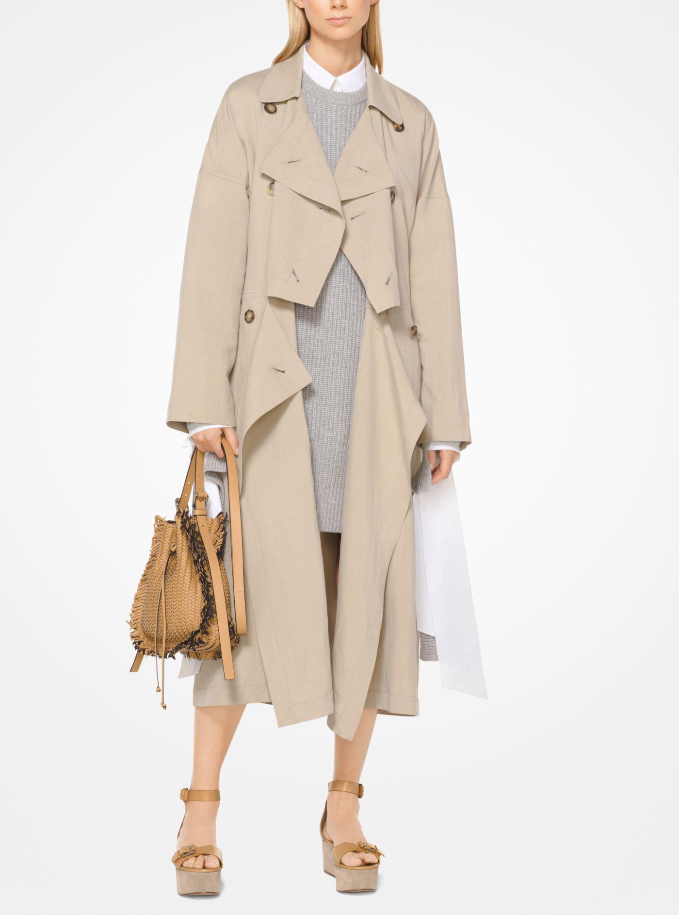 Michael Kors Washed Linen And Silk Flyaway Trench Coat in Sand (Natural ...