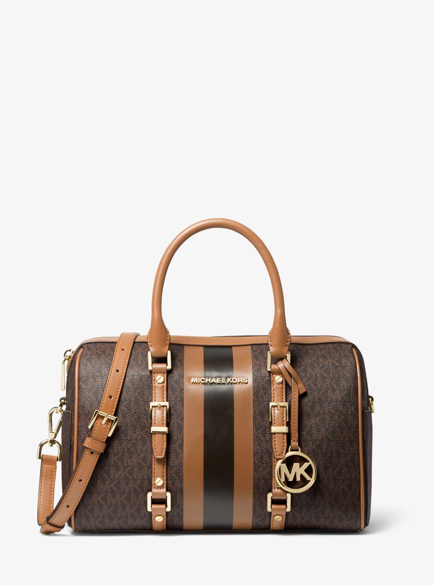 michael kors bedford travel large logo stripe dome tote bag