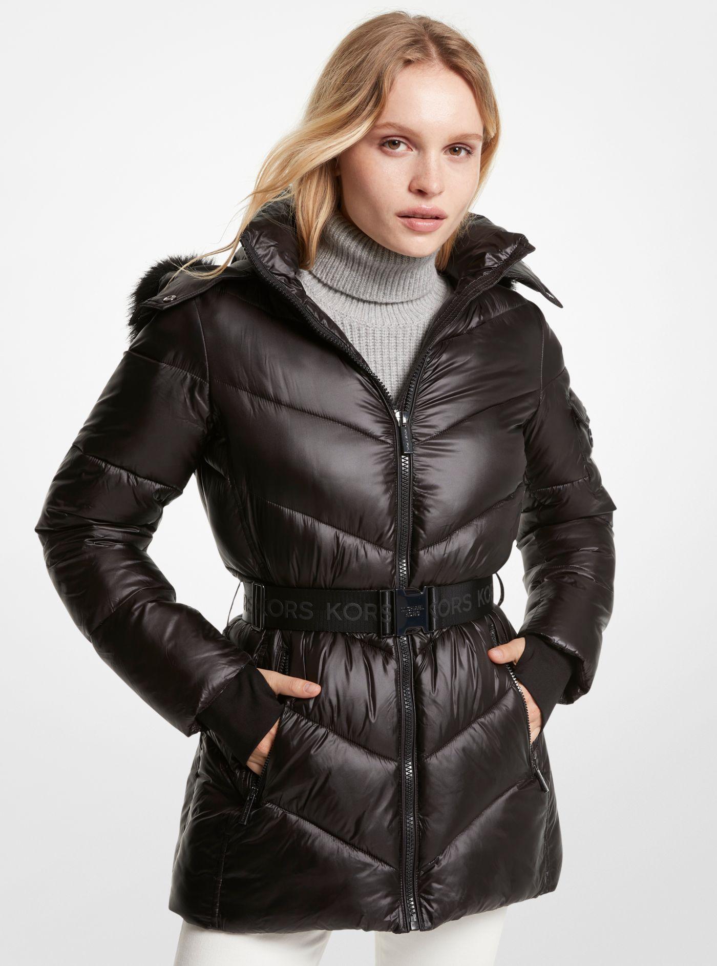 quilted ciré and faux shearling reversible puffer coat