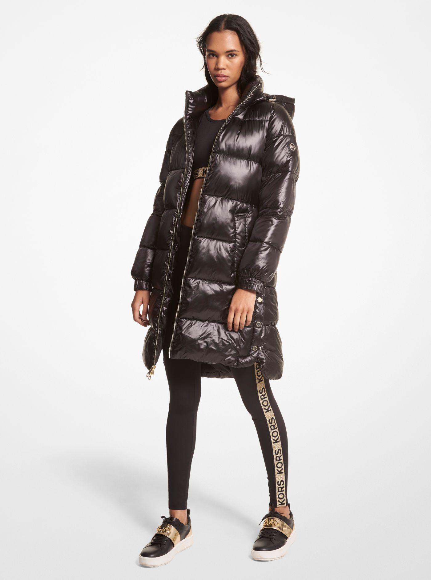 quilted ciré and faux shearling reversible puffer coat