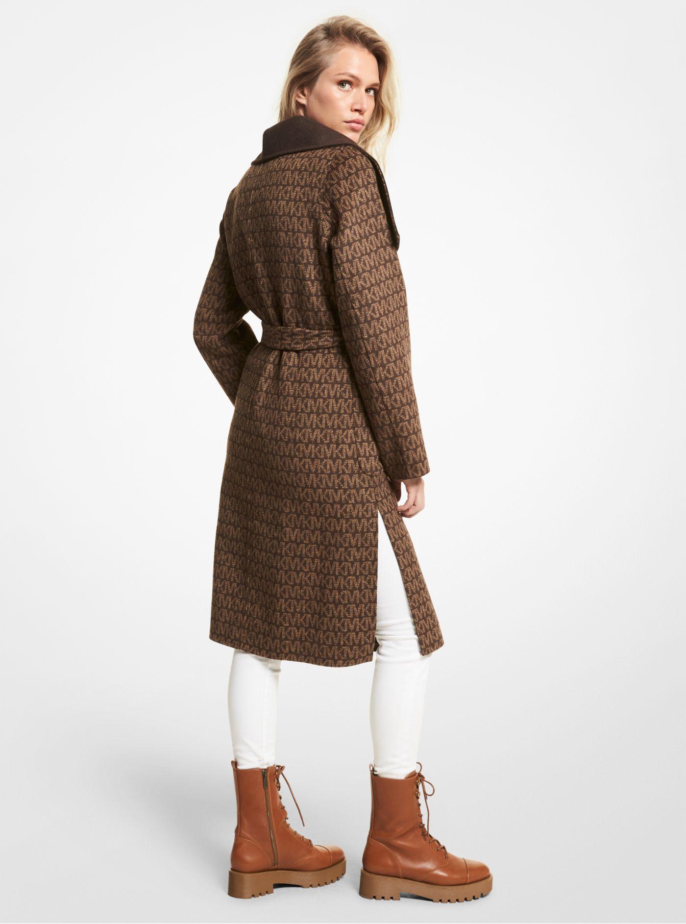 Michael Kors Wool Blend Logo Jacquard Wrap Coat in Brown | Lyst