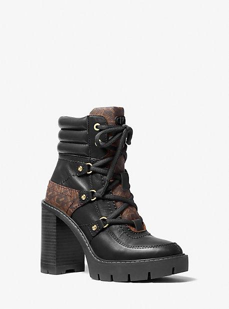 Michael Kors Asher Leather And Empire Monogram Boot in Brown Lyst