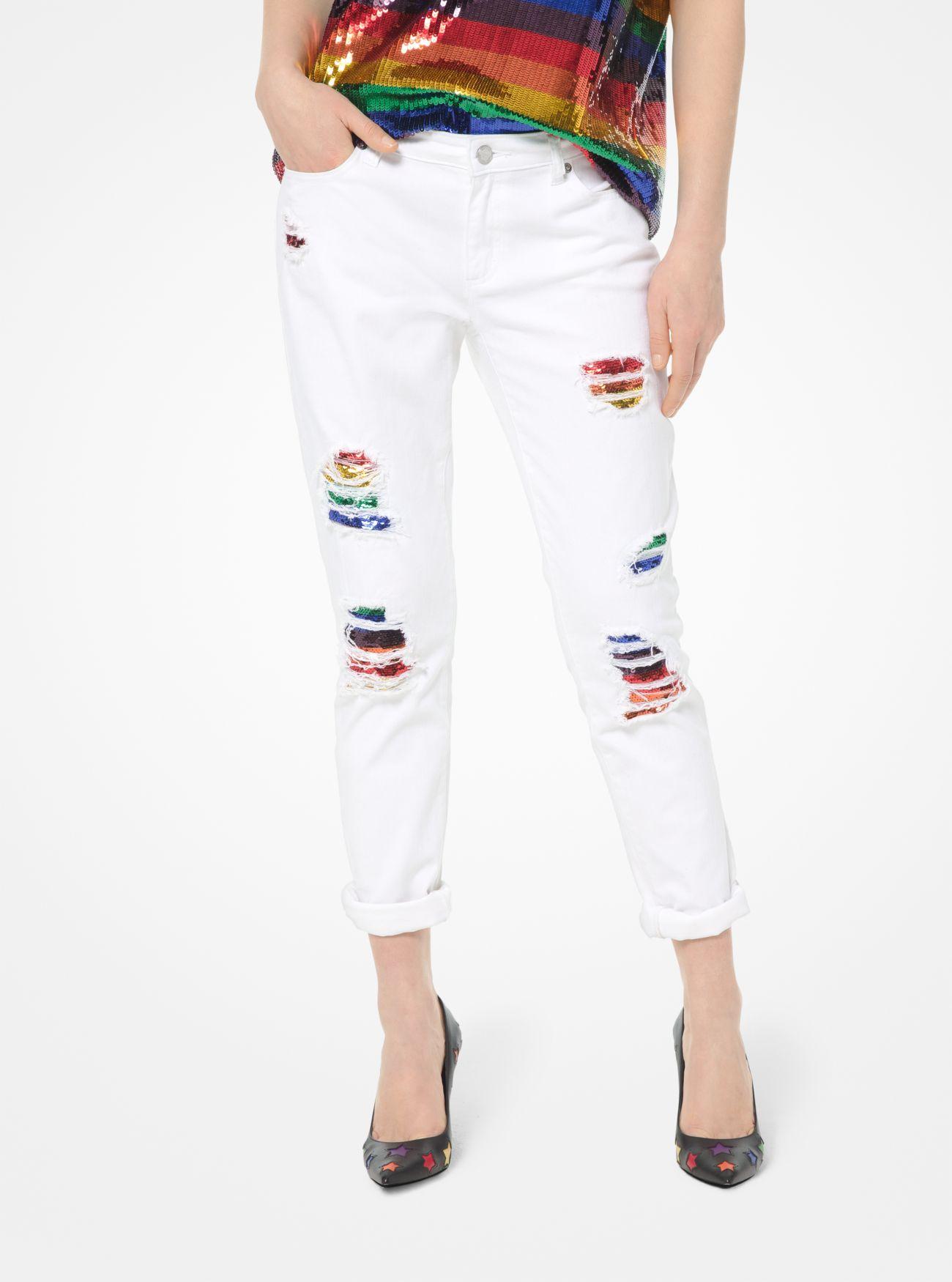 Michael Kors Rainbow Sequined High - Rise Slim - Leg Jeans In White | Lyst