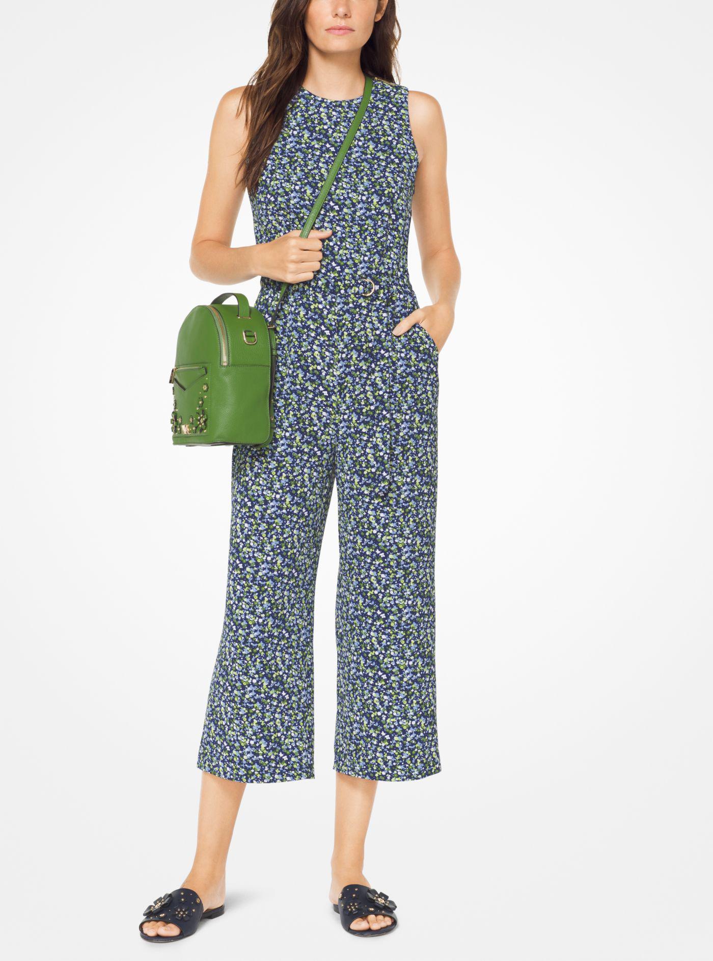 Michael Kors Leather Floral Crepe Belted Jumpsuit in Blue | Lyst