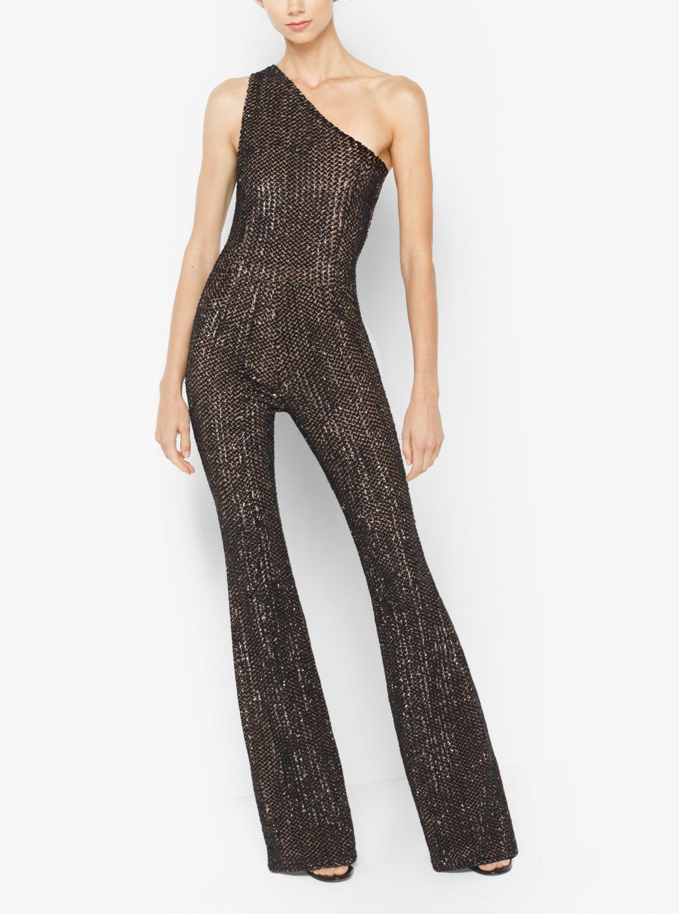 sequin one shoulder jumpsuit