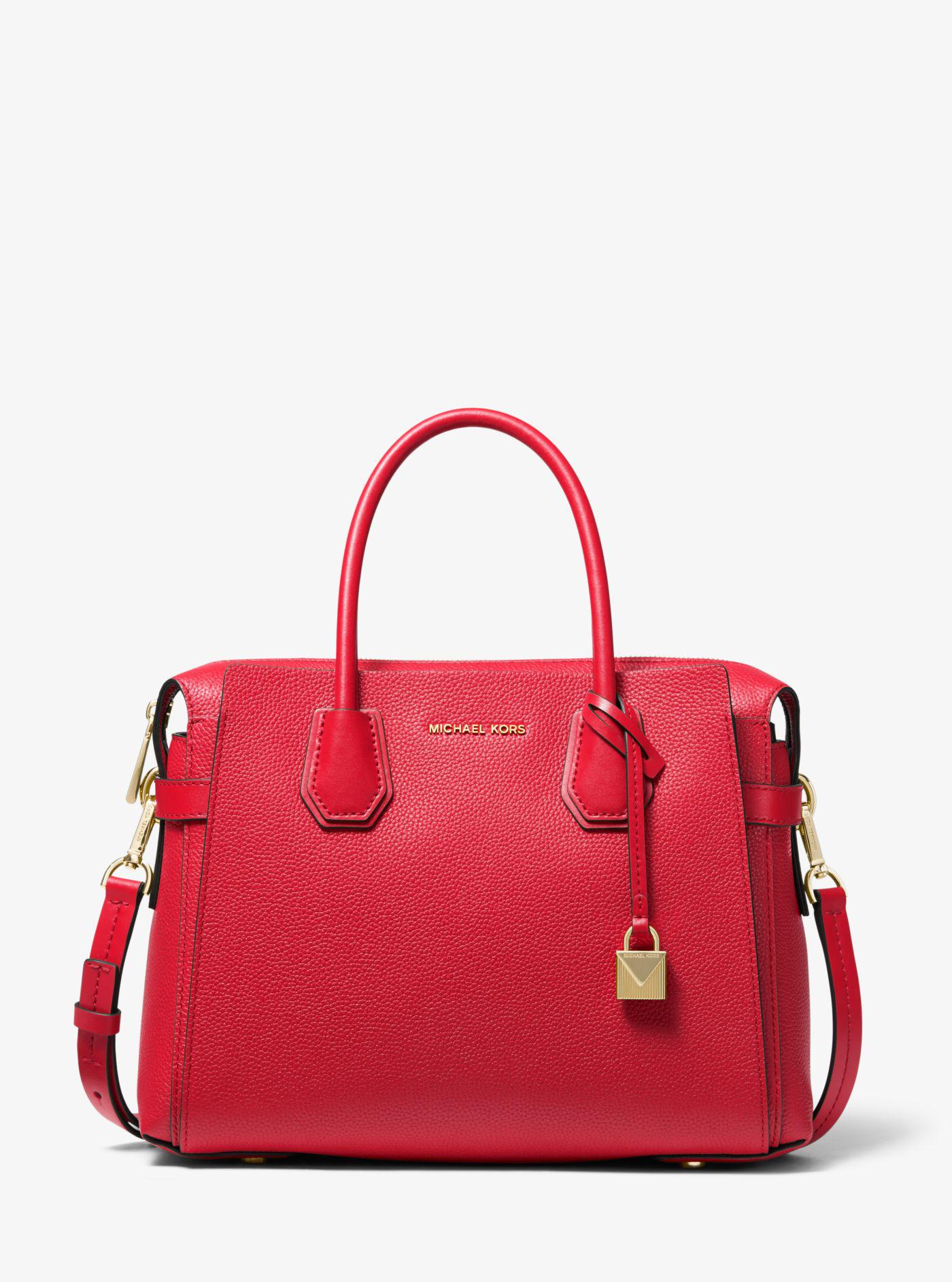 Michael Kors Mercer Medium Pebbled Leather Belted Satchel in Bright Red ...