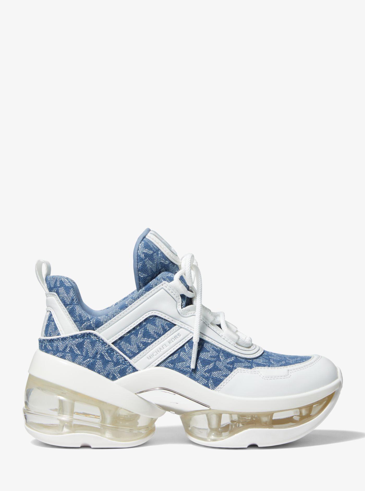 Michael Kors Olympia Extreme Denim Logo Jacquard And Leather Trainer in  Blue | Lyst