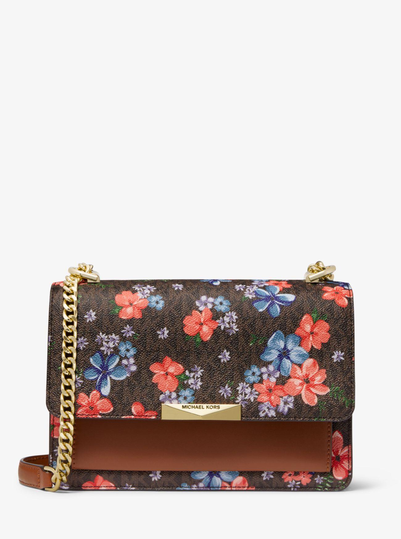 Michael Kors Jade Large Floral-printed Logo And Leather Crossbody Bag in Brown - Lyst