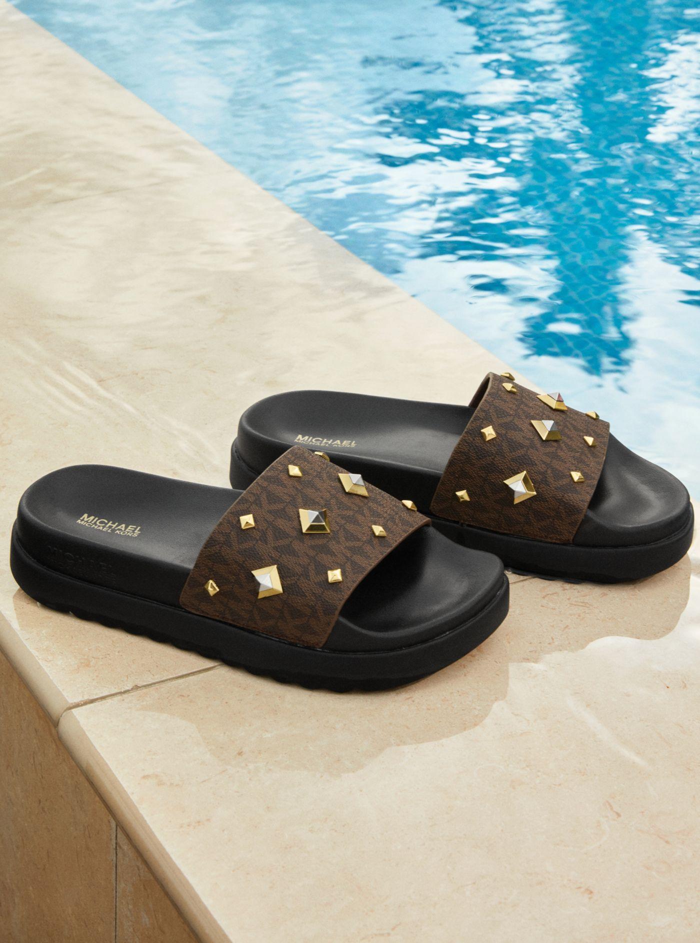 Michael Kors Tyra Studded Logo Slide Sandal in Brown | Lyst