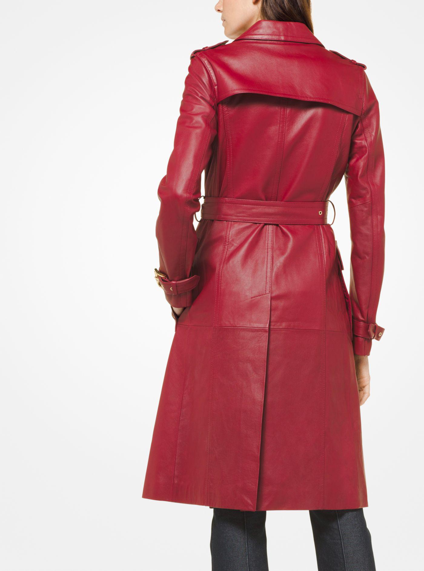 Michael Kors Leather Trench Coat in Red 