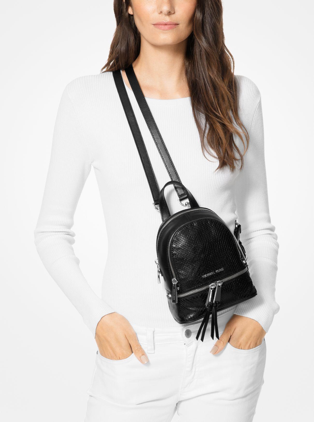 Michael Kors Rhea Mini Python-embossed Leather Backpack in Black | Lyst