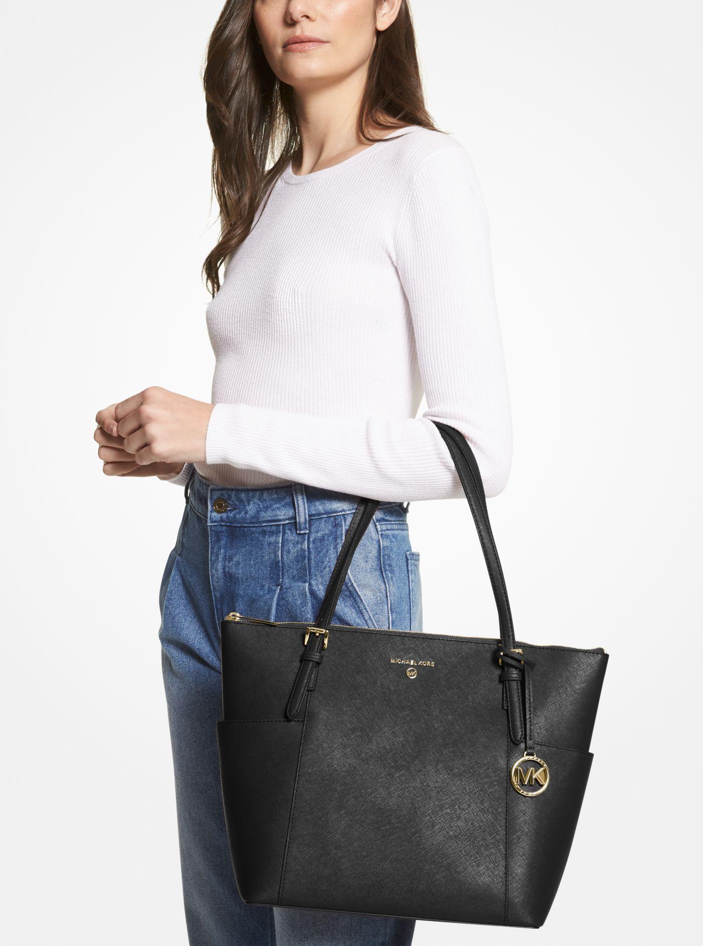 Michael Kors Jet Set Large Saffiano Leather Top-zip Tote Bag in Black | Lyst