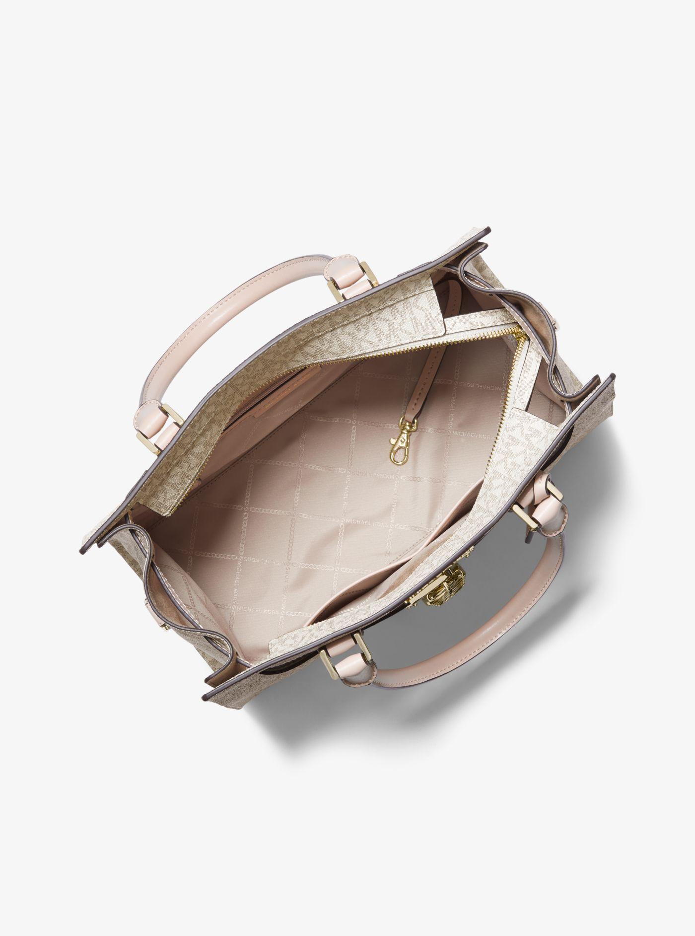 nouveau hamilton large logo metallic stripe satchel