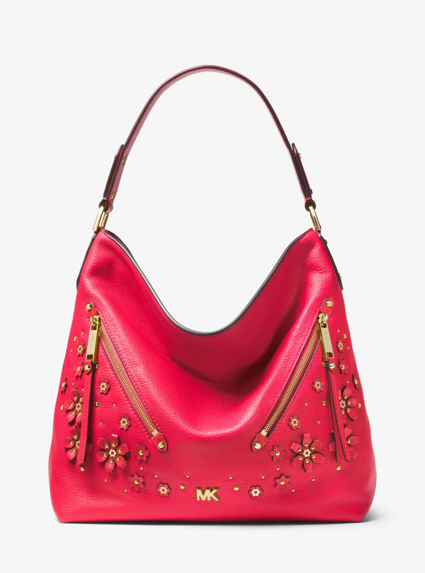 Michael Kors Evie Large Floral Embellished Pebbled Leather Shoulder Bag in  Deep Pink (Pink) - Lyst