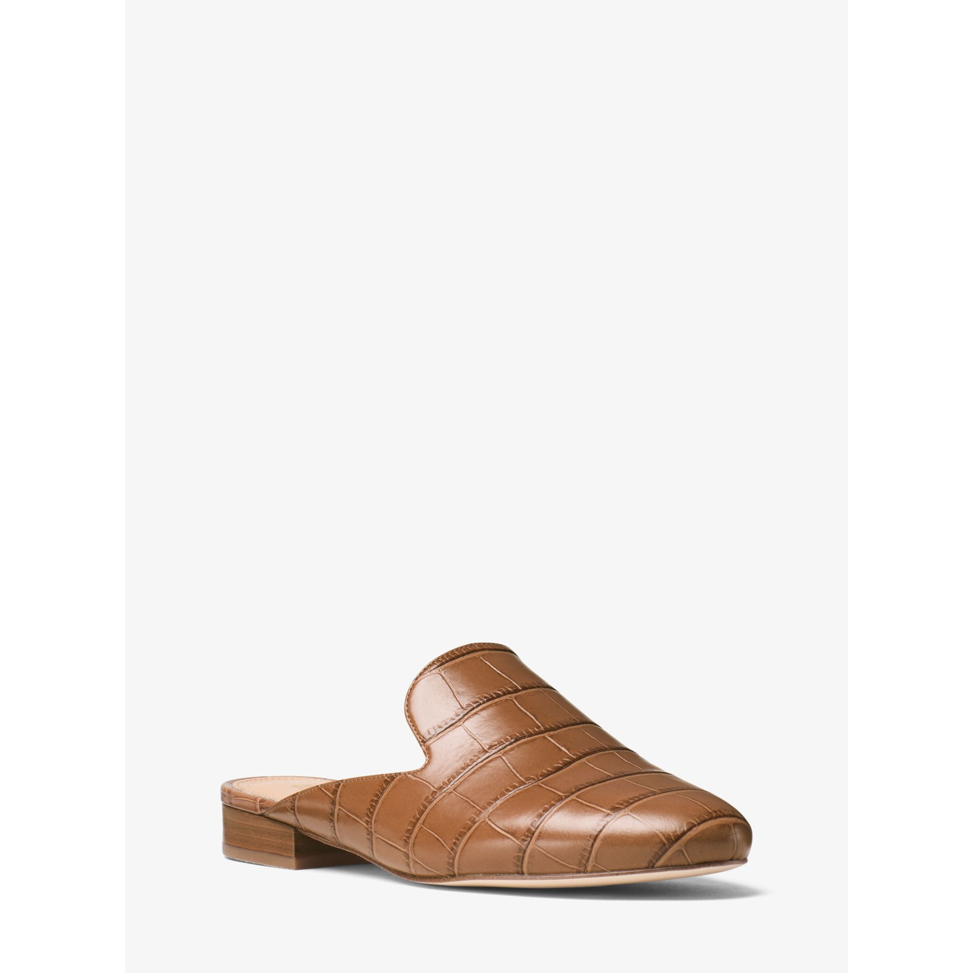 michael kors embossed leather slide in brown lyst michael kors embossed leather slide in brown lyst