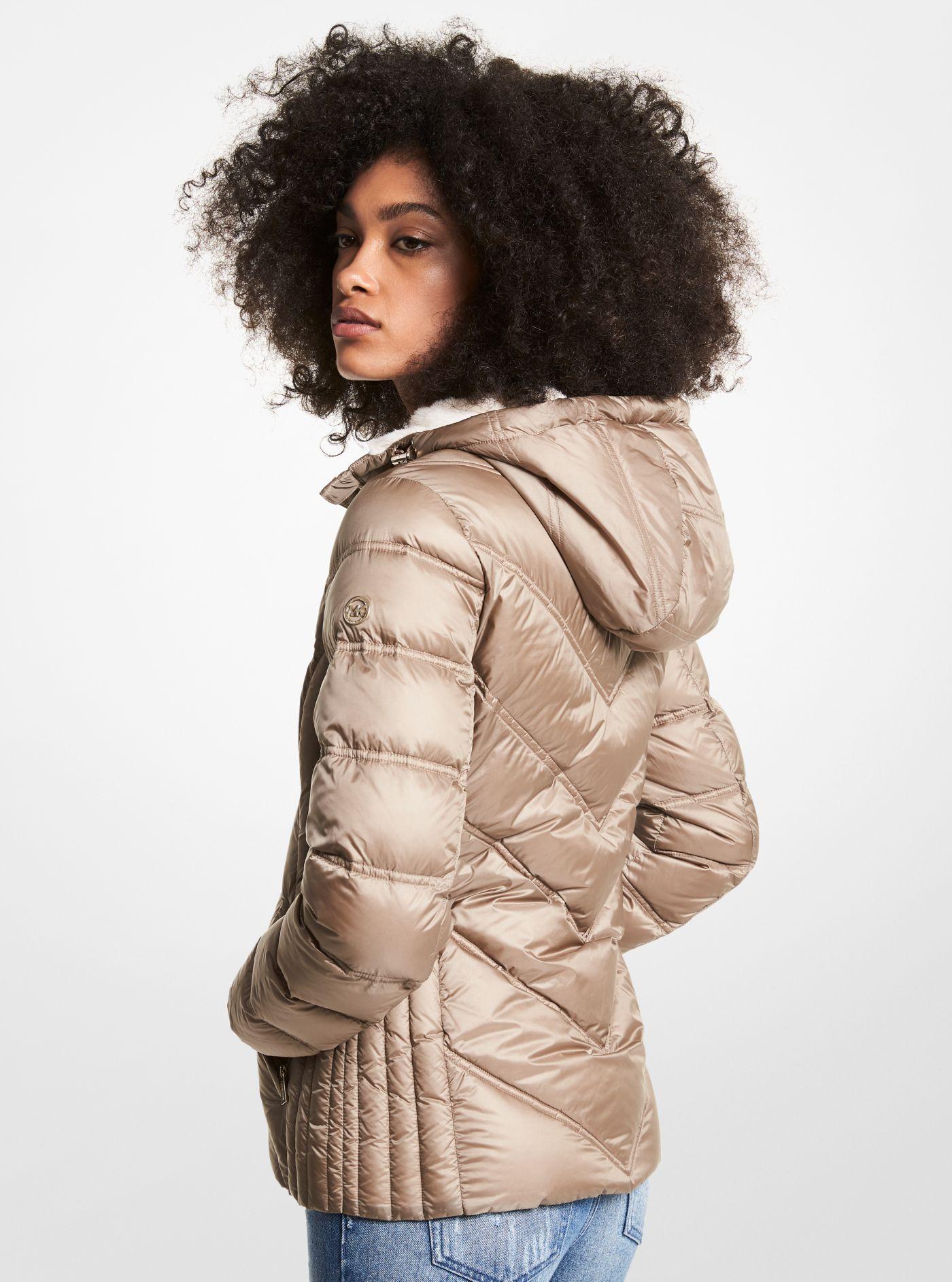 fur lined quilted nylon puffer jacket