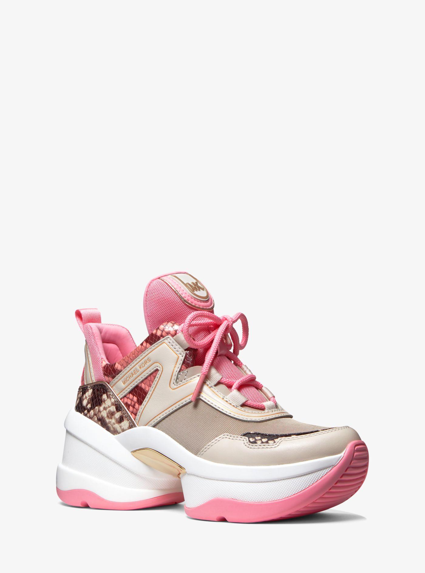 Michael Kors Olympia Two-tone Python Embossed Leather And Canvas Trainer in  Pink | Lyst