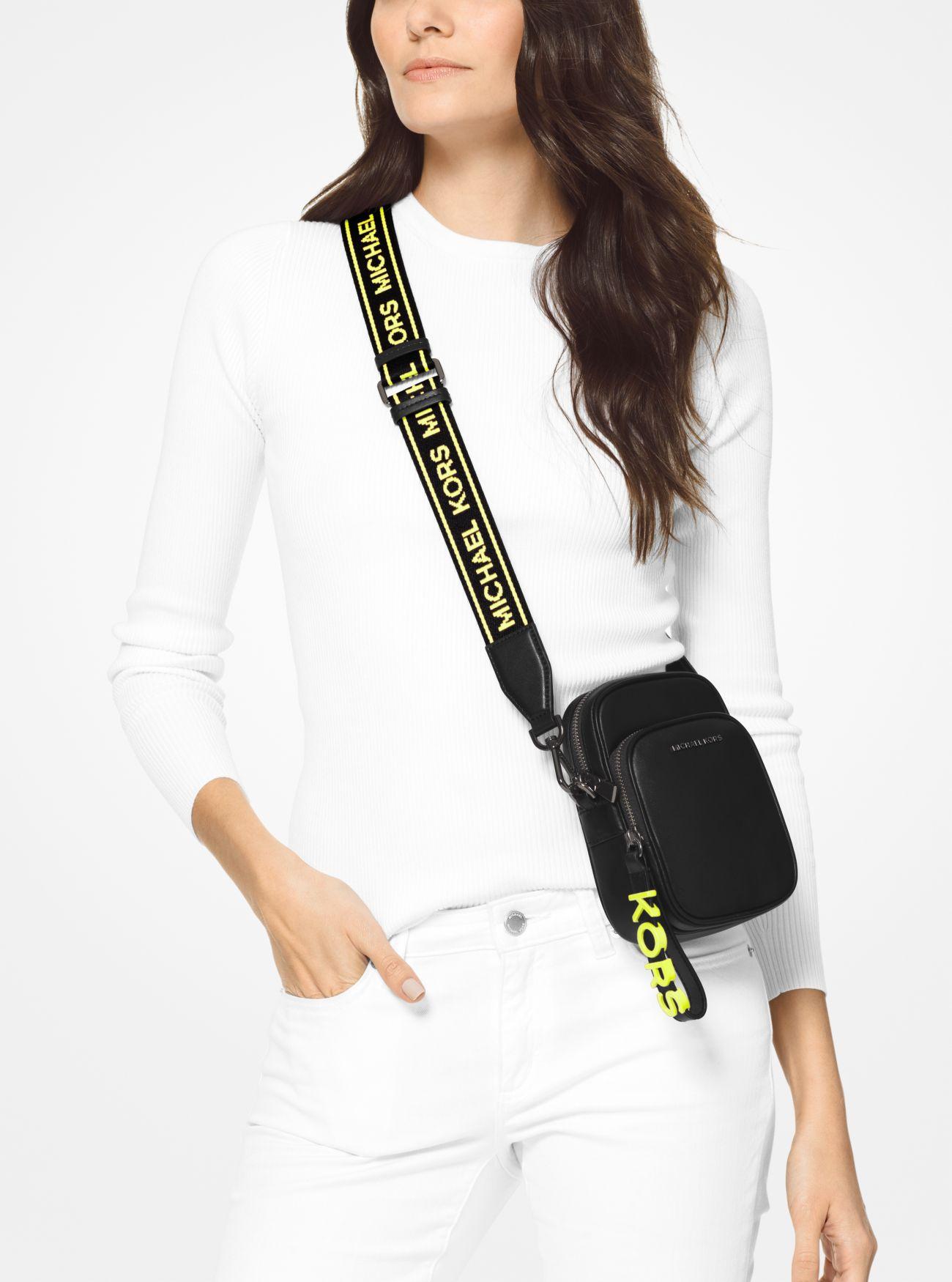 MICHAEL Michael Kors Small Leather Neon Logo Tape Crossbody Bag in Black |  Lyst