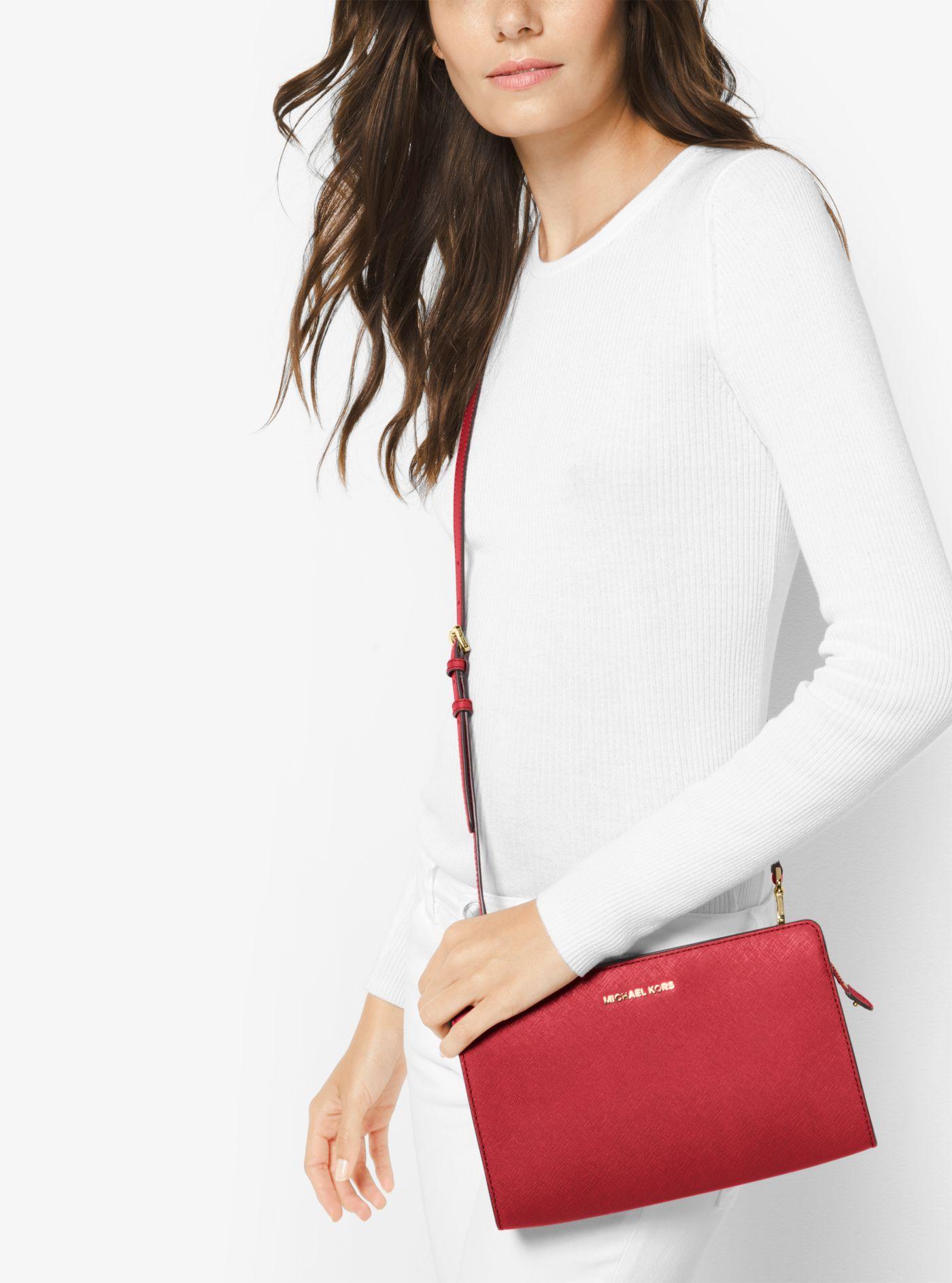 Michael Kors Jet Set Large Saffiano Leather Convertible Crossbody Bag in  Bright Red (Red) - Lyst