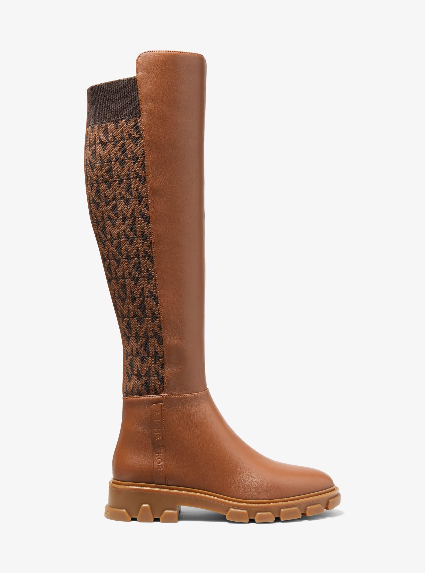 MICHAEL Michael Kors Ridley Leather And Logo Jacquard Knee Boot in