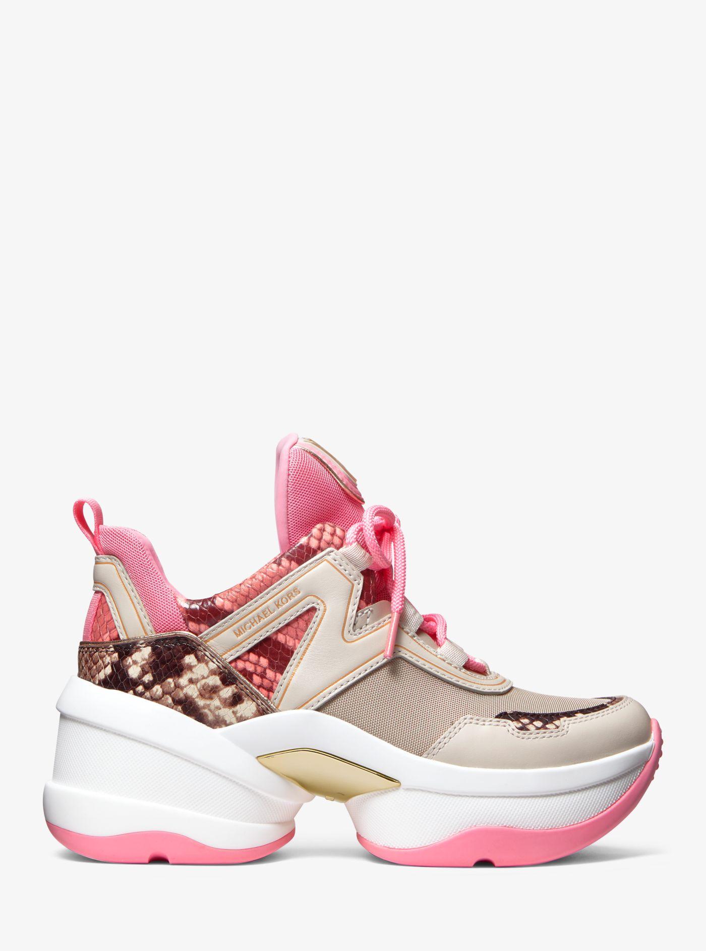 Michael Kors Olympia Two-tone Python Embossed Leather And Canvas Trainer in  Pink | Lyst