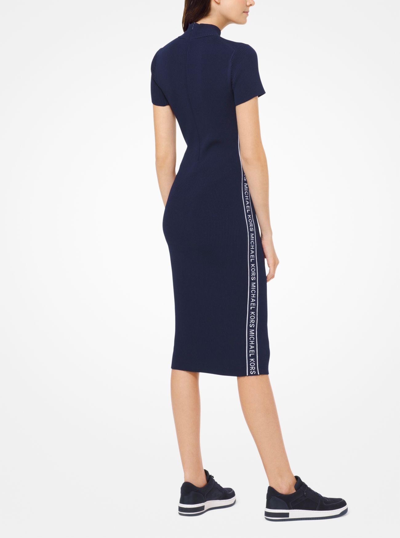 Michael Kors Synthetic Logo Tape Ribbed Knit Dress in Blue - Lyst