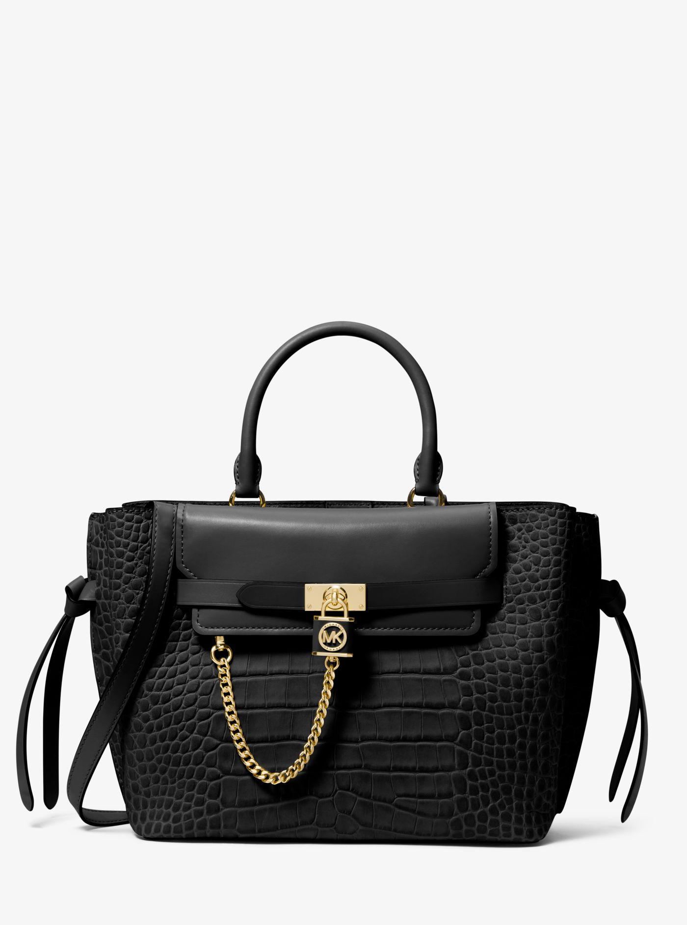 MICHAEL Michael Kors Hamilton Legacy Large Crocodile Embossed Leather  Belted Satchel in Black | Lyst