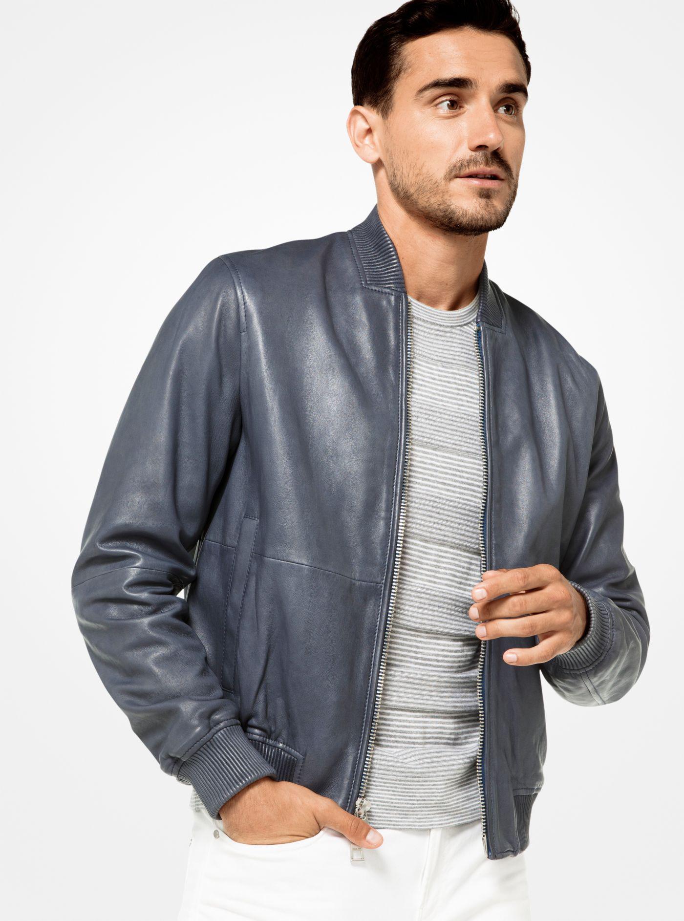 Michael Kors Washed Leather Bomber Jacket in Blue for Men | Lyst