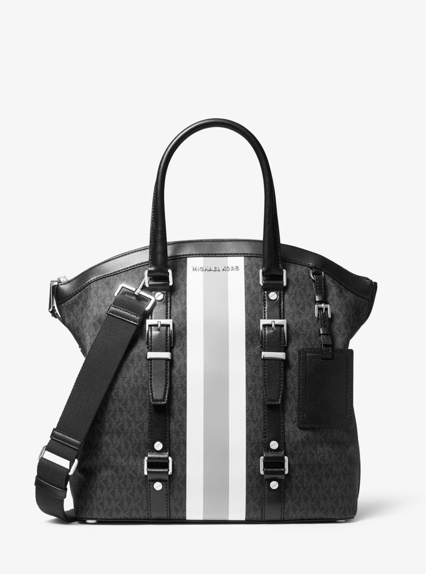 Michael Kors Bedford Travel Large Logo Stripe Dome Tote Bag in Black | Lyst