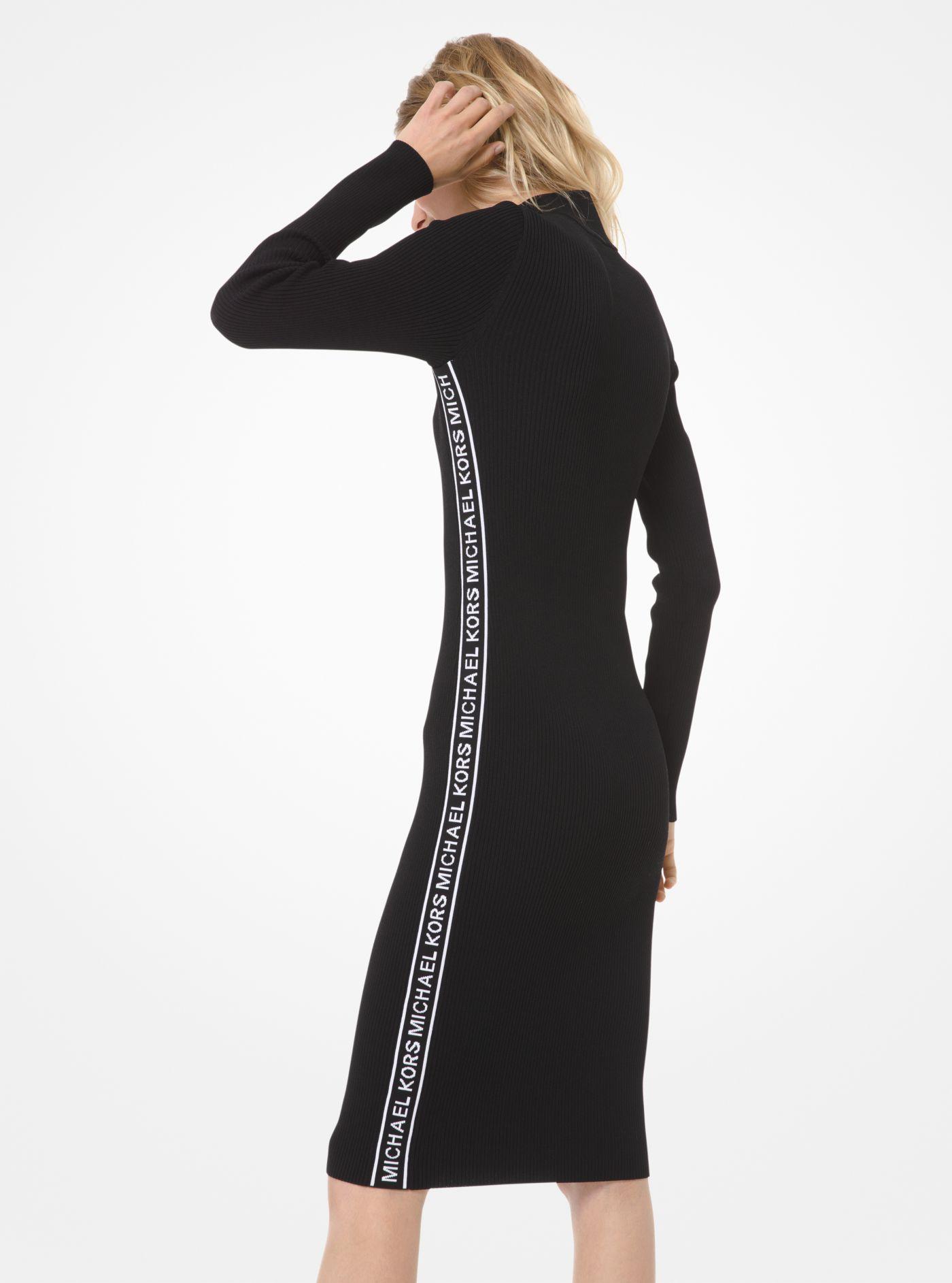 Michael Kors Logo Tape Ribbed Knit Zip Dress in Black | Lyst