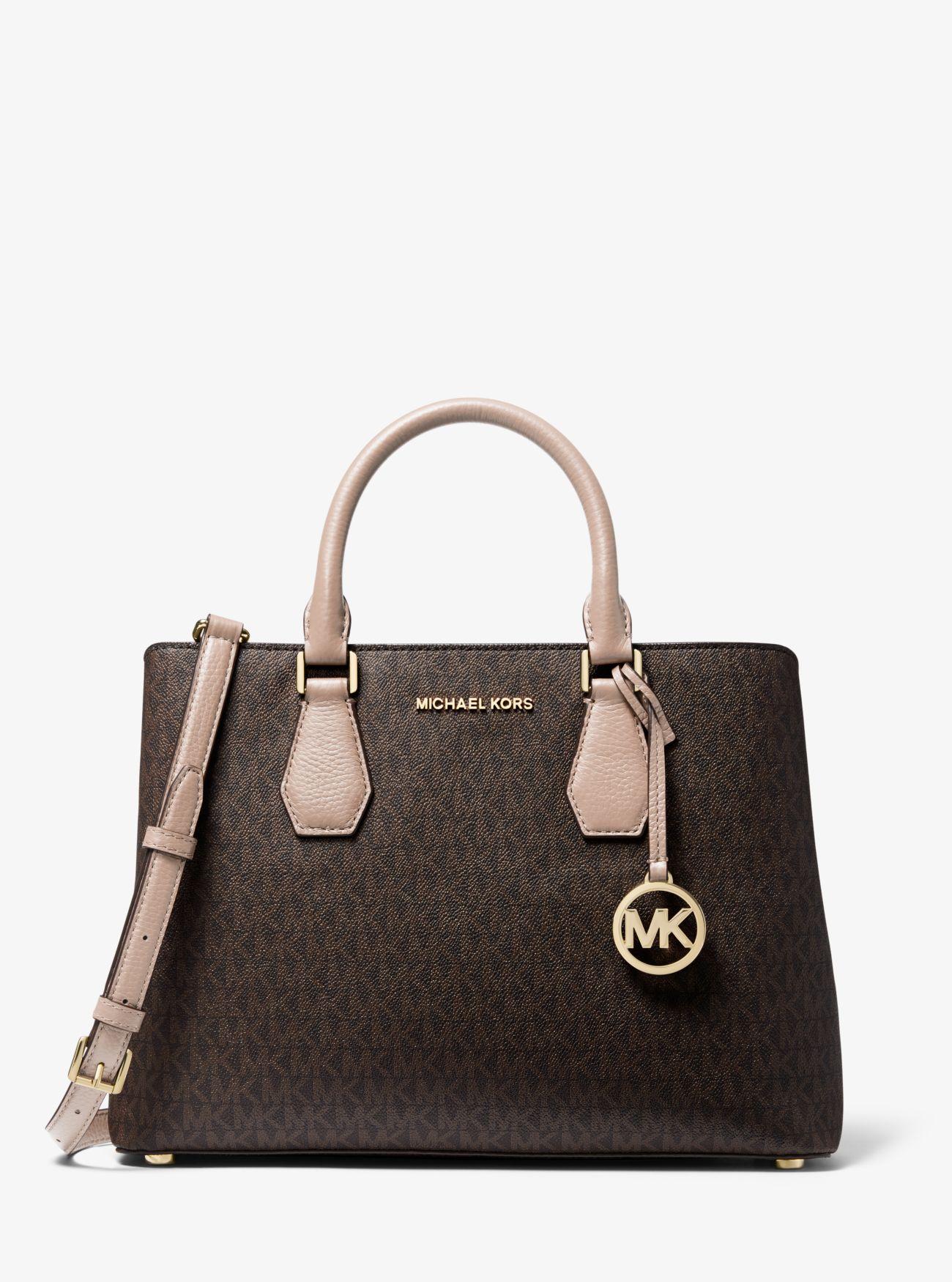 Michael Kors Camille Large Logo Leather Satchel in Brown - Lyst