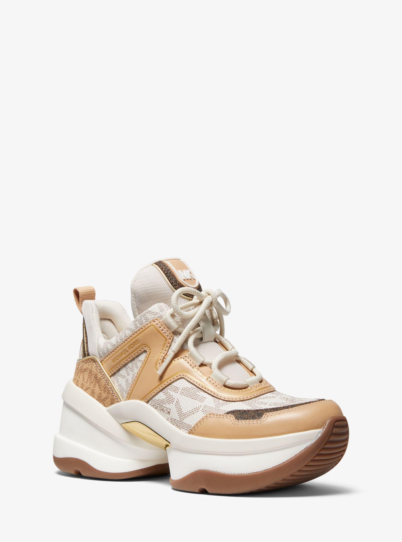 Michael Kors Olympia Logo And Leather Trainer in Natural | Lyst